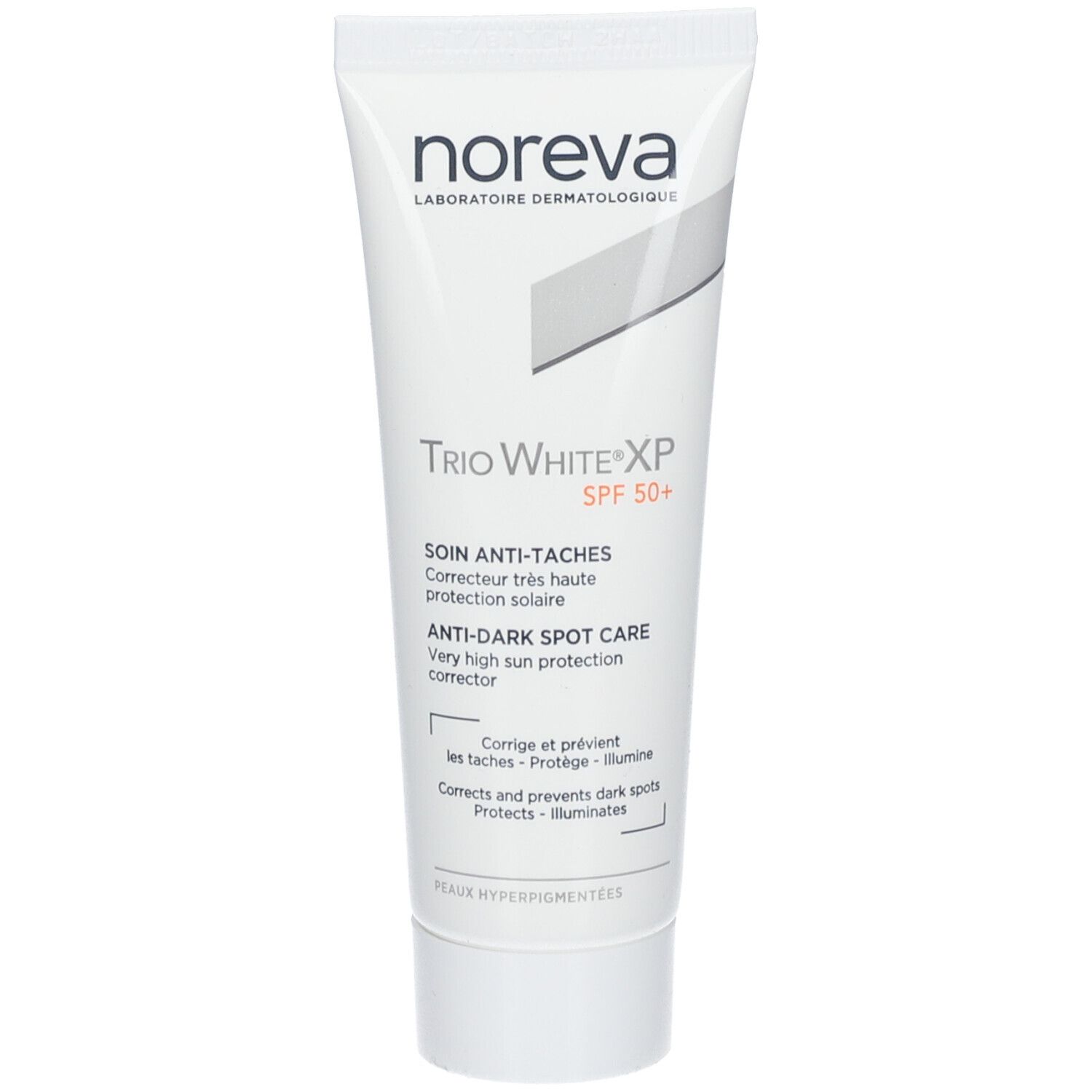 Weiße Tube mit Aufschrift "noreva Trio White XP SPF 50+". Enthält Sonnenschutzmittel für dunkle Flecken.