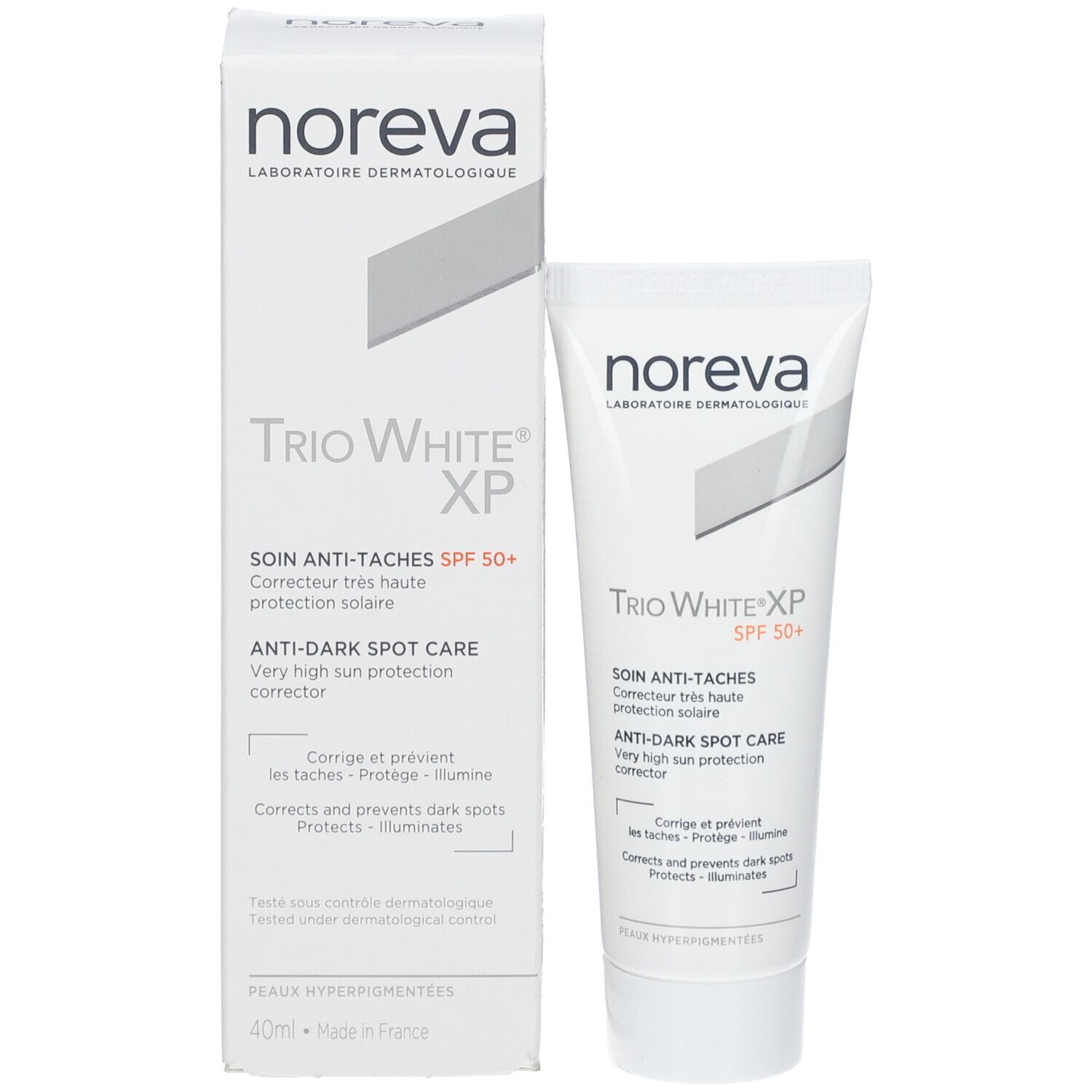 Produktverpackung mit Tube und Schachtel. Aufschrift "noreva Trio White XP SPF 50+".
