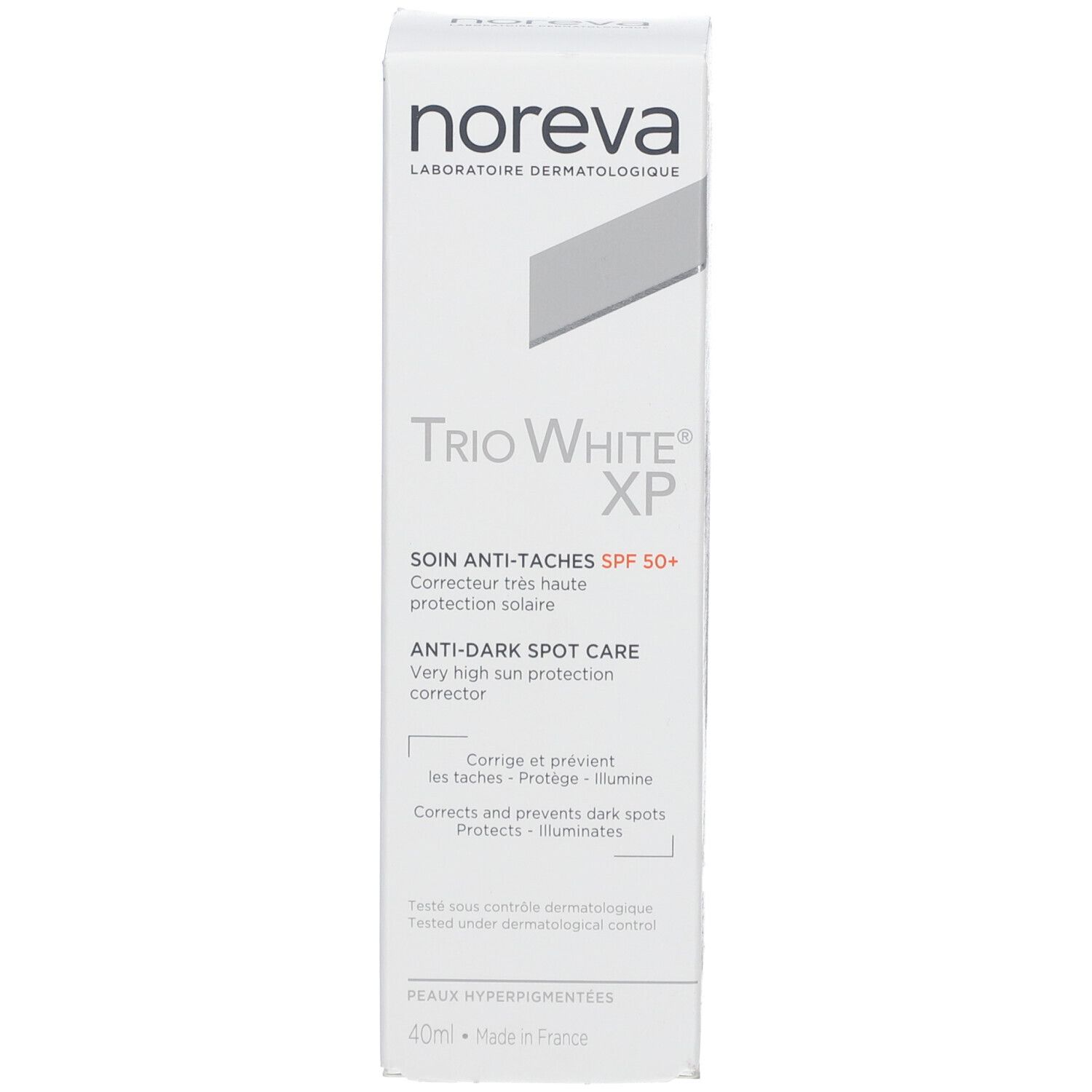 Weiße Schachtel mit "noreva Trio White XP SPF 50+". Text in Deutsch, Französisch, Italienisch und Niederländisch.