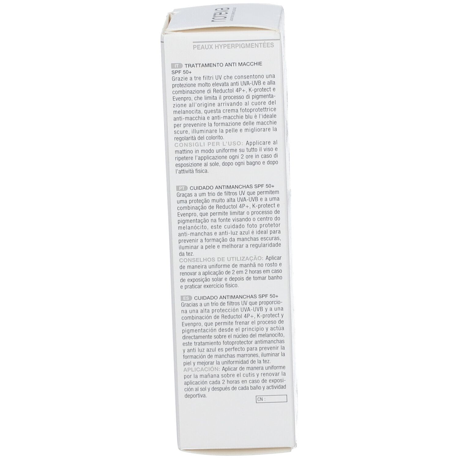Seite der Schachtel mit Text in italienischer Sprache. Enthält Informationen zum Produkt.