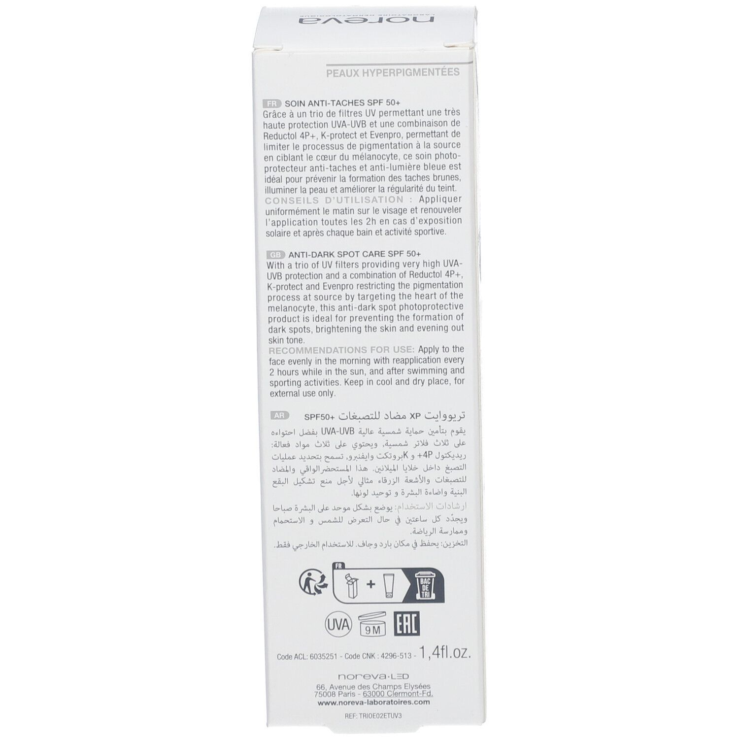 Seite der Schachtel mit Text in französischer Sprache. Enthält Informationen zum Produkt.