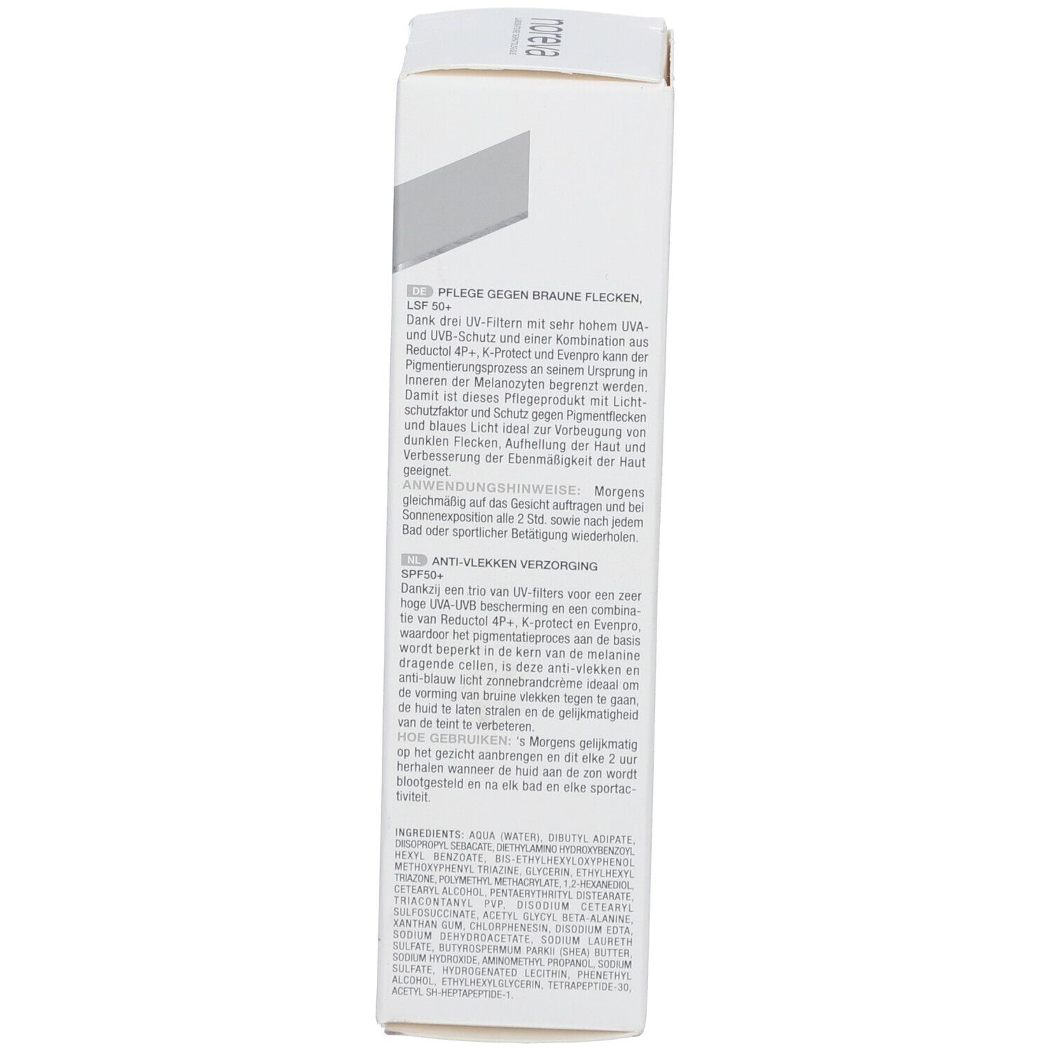 Seite der Schachtel mit Text in deutscher Sprache. Enthält Informationen zum Produkt.