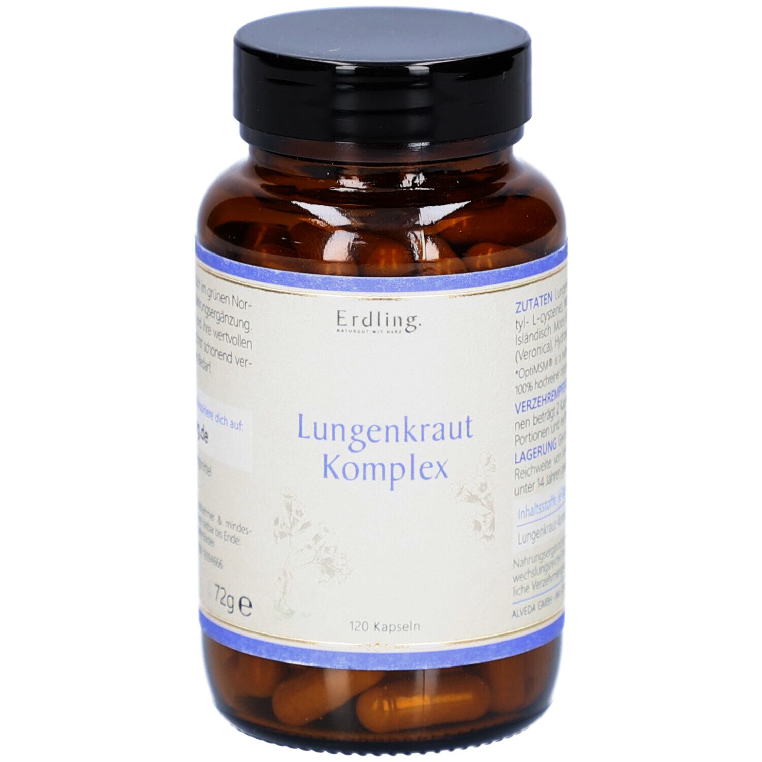 Braune Glasflasche mit schwarzen Deckel. Etikett mit Produktnamen und Schriftzug. Kapseln sichtbar.