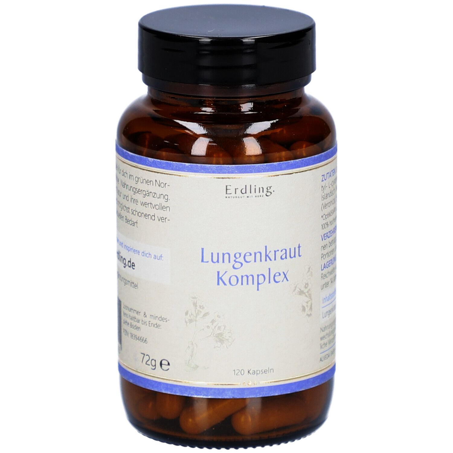 Braune Glasflasche mit schwarzem Deckel. Etikett mit Produktnamen und Text. 120 Kapseln.