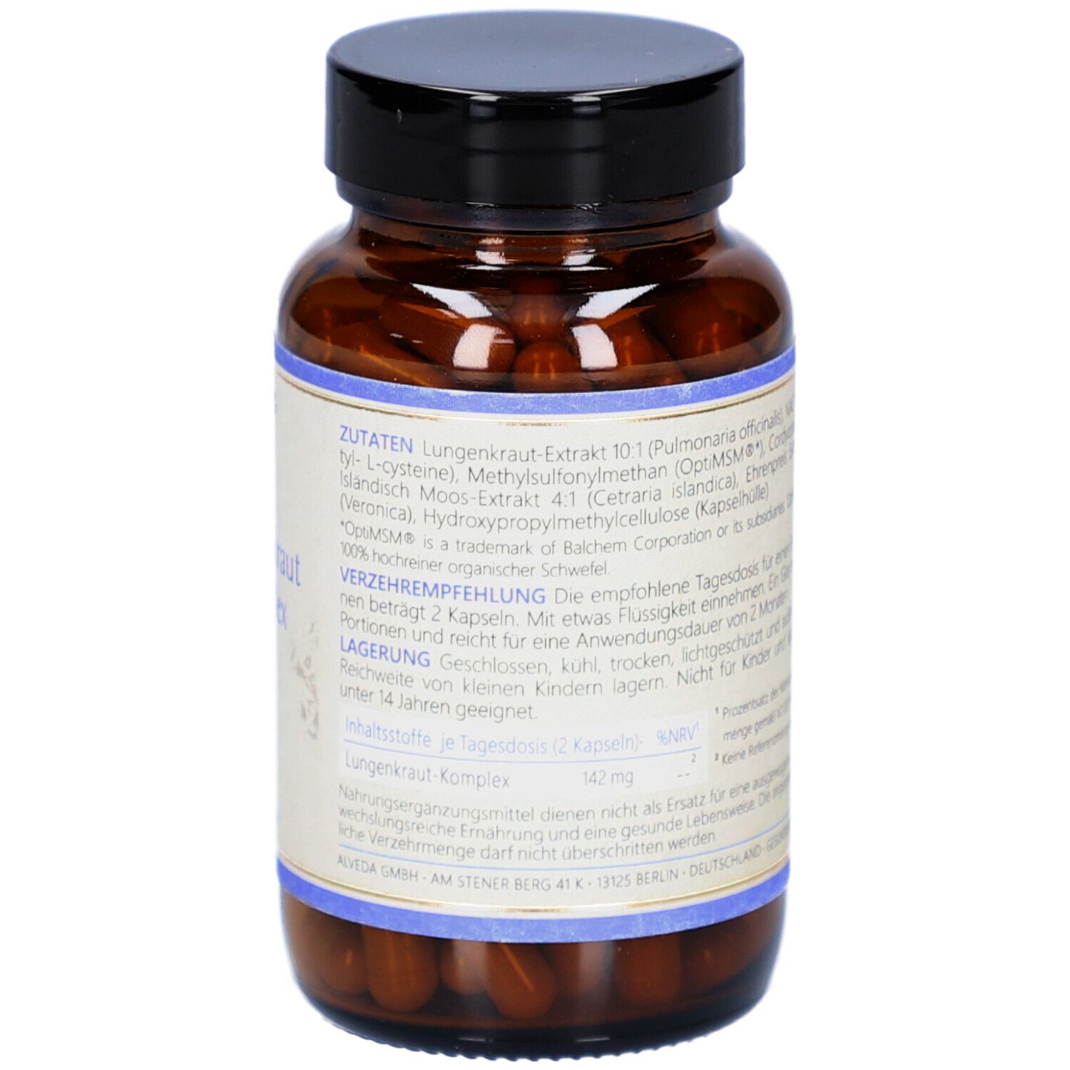 Braune Glasflasche mit schwarzem Deckel. Etikett mit Zutatenliste und Text. Kapseln sichtbar.