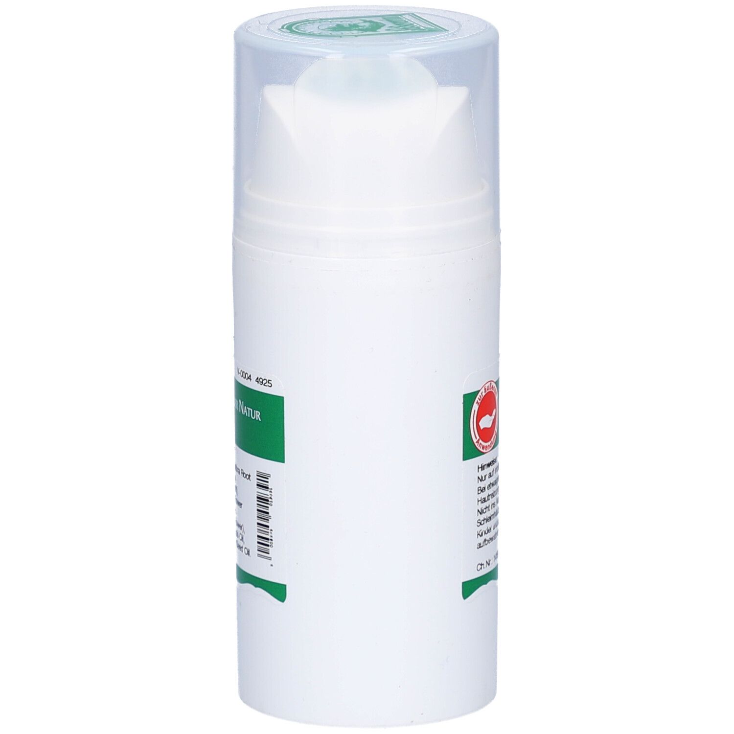 Weiße Salbenflasche mit Pumpkopf. Rückseite mit Text und Logo. Logo: Hand mit Blatt. Text: Peter Severin Naturprodukte.