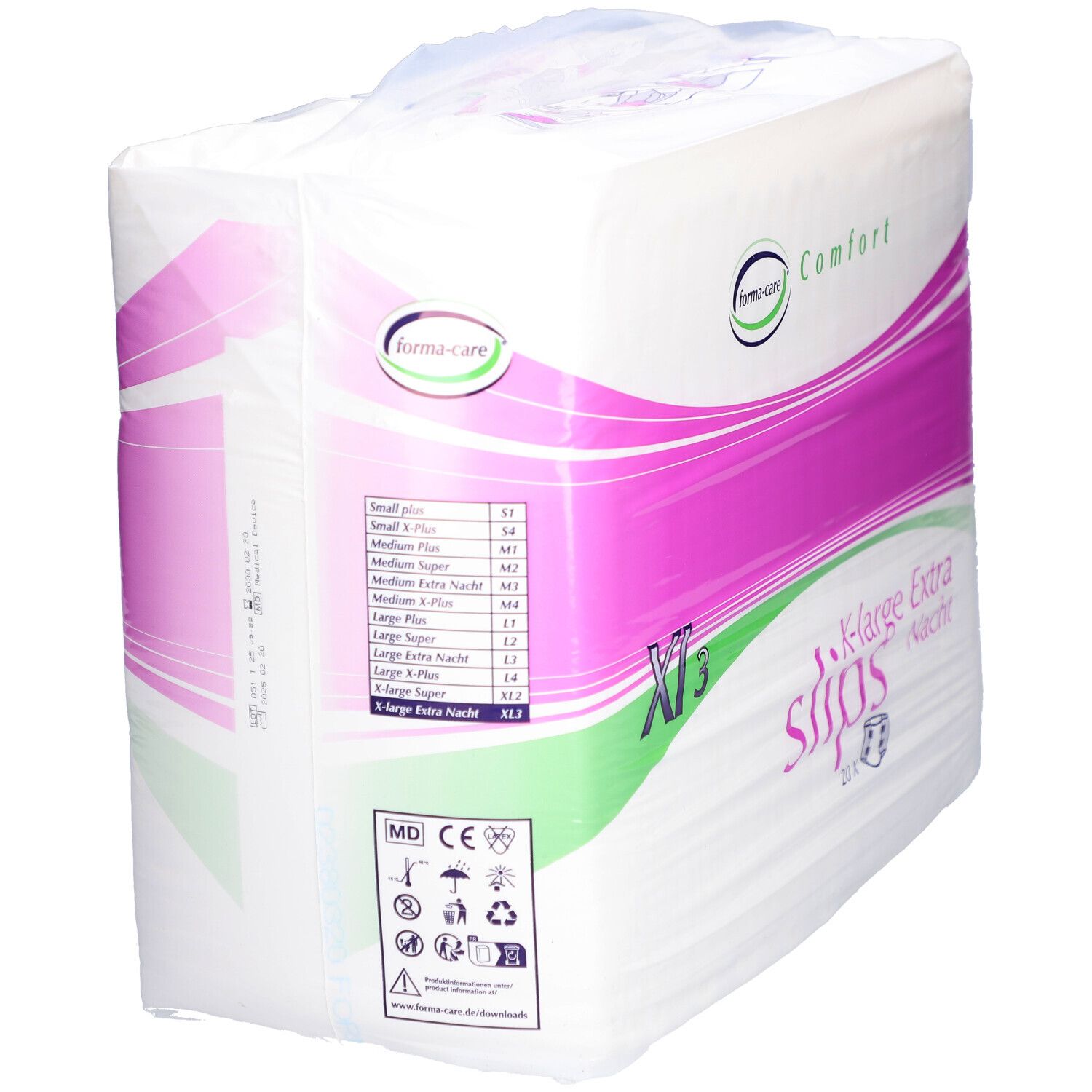 Verpackung forma-care® Comfort Slips XL3. Produktbezeichnung, Größenangaben und Logo. Rückseite mit Informationen.