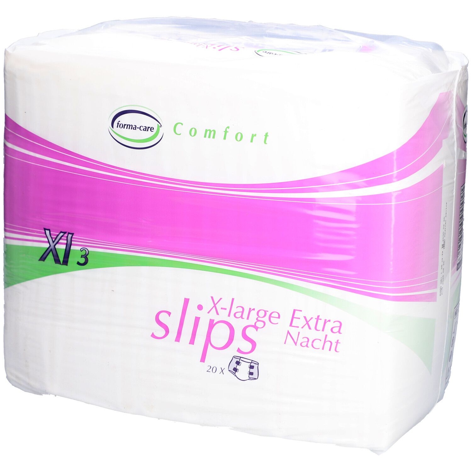 Verpackung forma-care® Comfort Slips XL3. Rosa-weiße Verpackung mit Produktbezeichnung und Logo. 20 Stück.