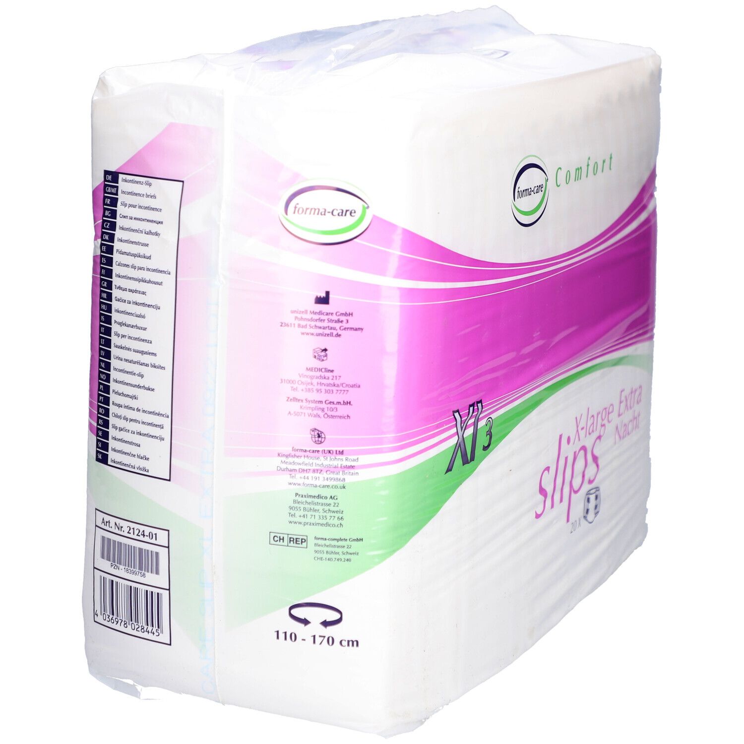 Verpackung forma-care® Comfort Slips XL3. Produktbezeichnung, Größenangaben und Logo. Rückseite mit Informationen.
