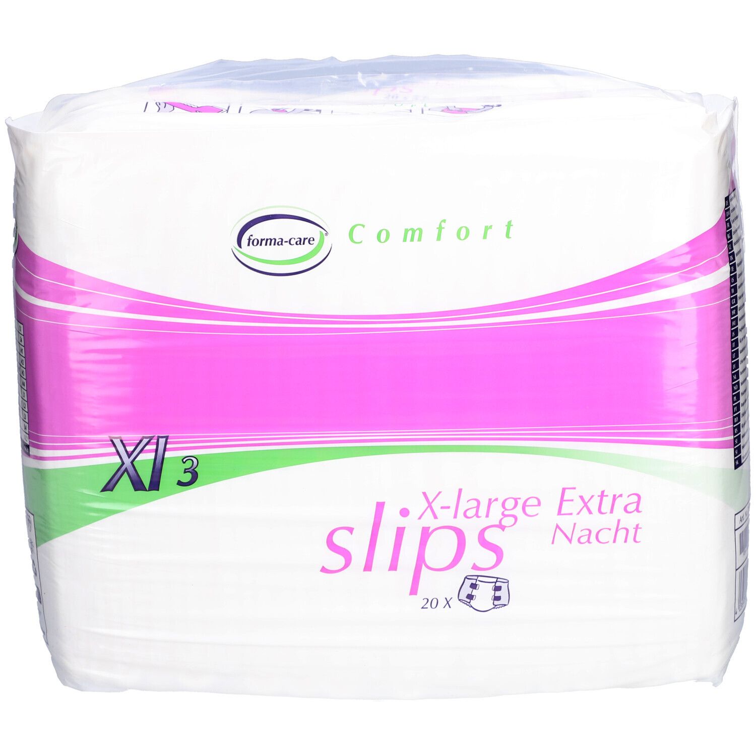 Verpackung forma-care® Comfort Slips XL3. Rosa-weiße Verpackung mit Produktbezeichnung und Logo. 20 Stück.
