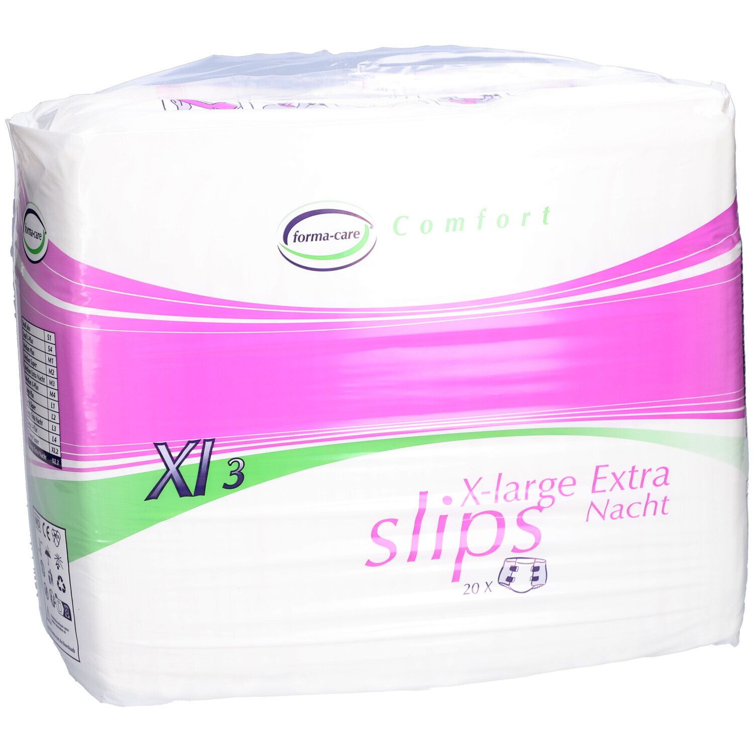 Verpackung forma-care® Comfort Slips XL3. Rosa-weiße Verpackung mit Produktbezeichnung und Logo. 20 Stück.