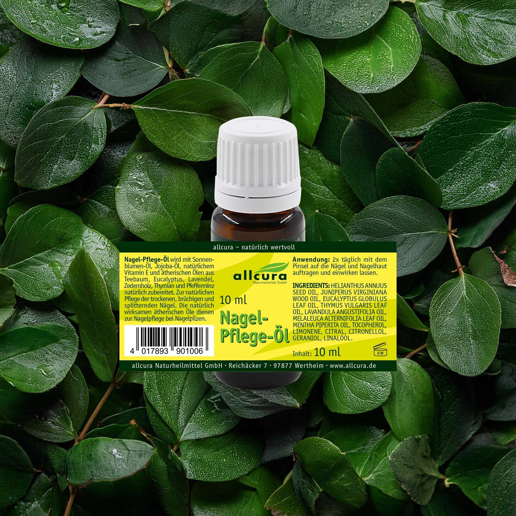 Produktflasche vor grünem Hintergrund. Aufschrift: allcura Nagel-Pflege-Öl, 10 ml. Zutatenliste.
