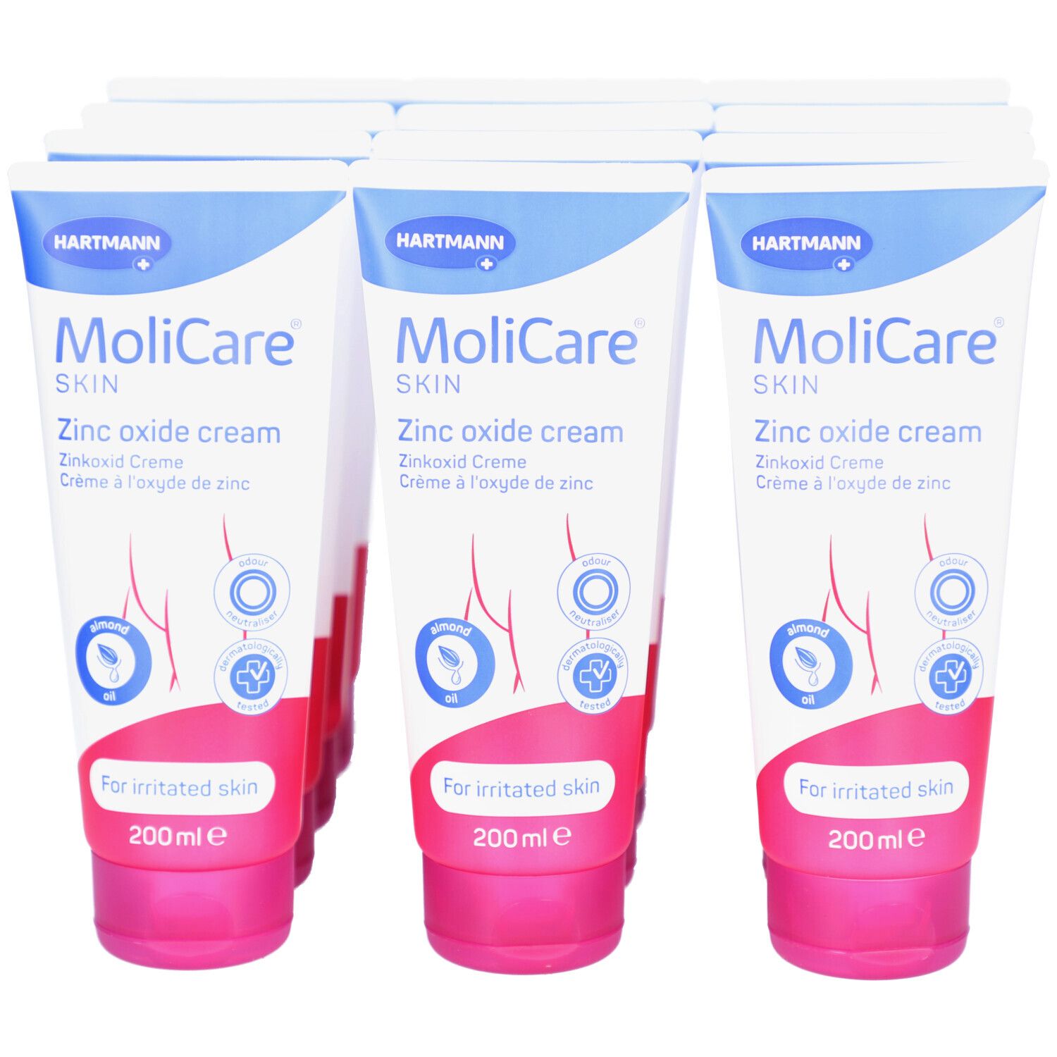 Mehrere Tuben MoliCare Skin Zinkoxid Creme. Weiße Tuben mit blauer und pinker Beschriftung. Für irritierte Haut.