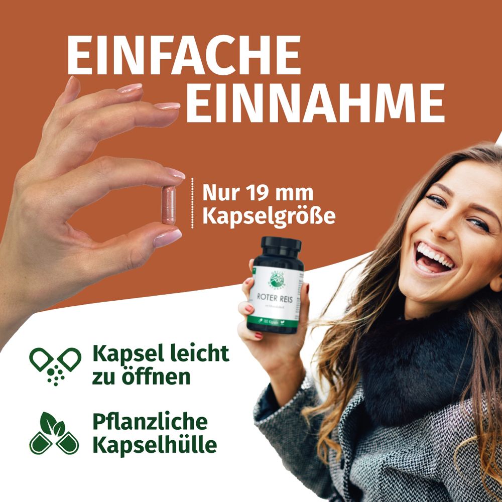 Einfache Einnahme von Green Naturals Roter Reis Kapseln, 19 mm Größe.