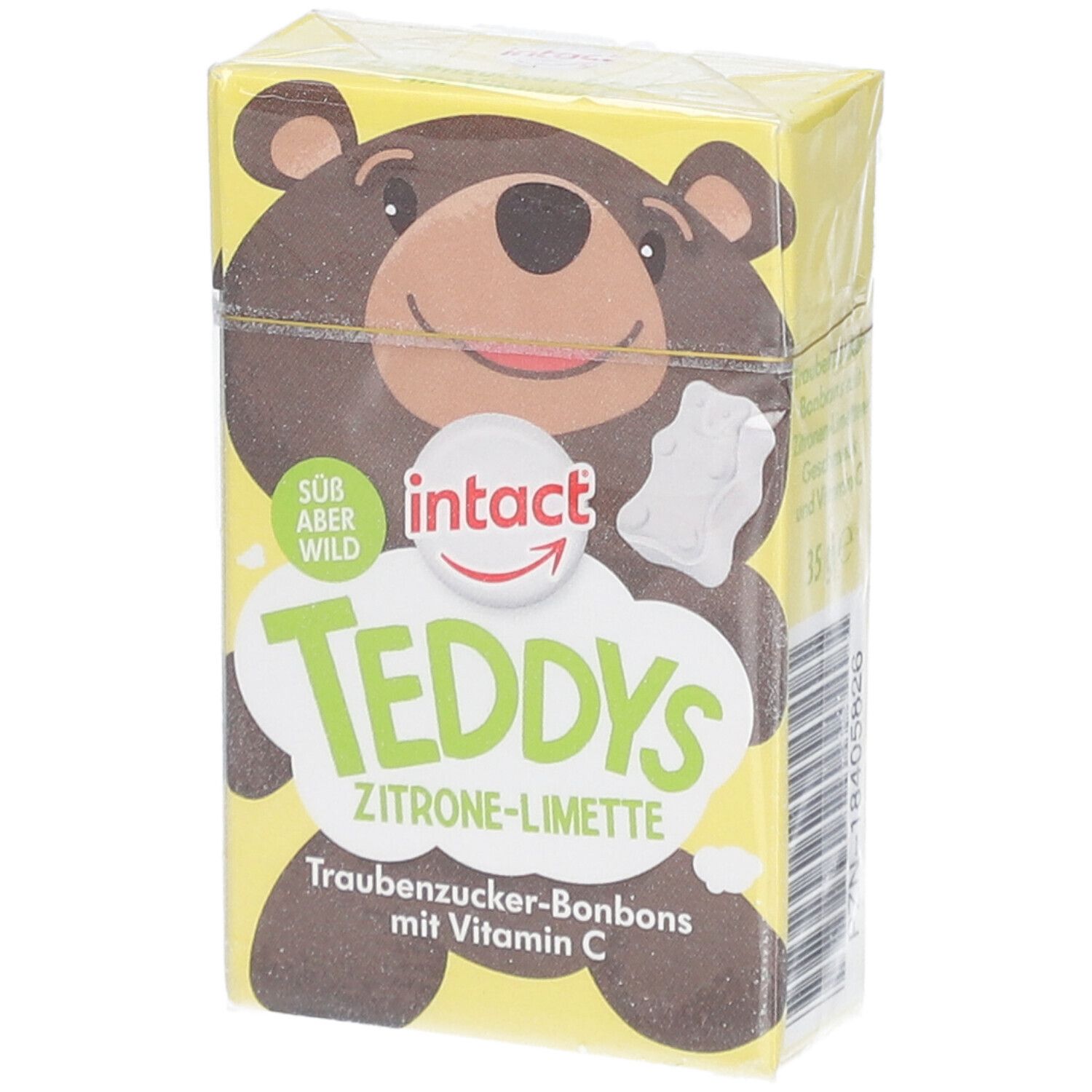 Verpackung von Teddys Zitrone-Limette Traubenzucker-Bonbons mit Vitamin C. Bär-Illustration, gelber Hintergrund.
