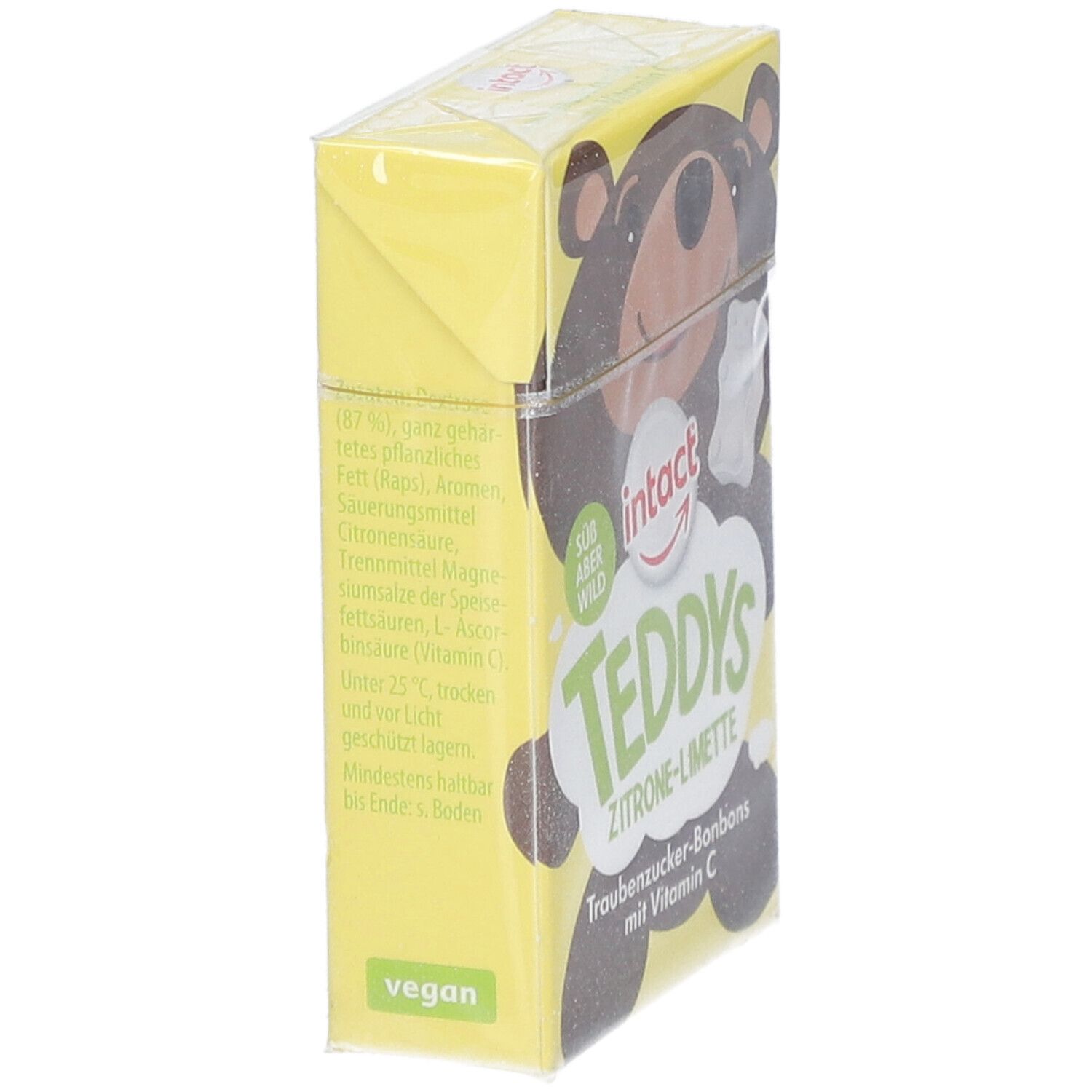 Verpackung von Teddys Zitrone-Limette. Gelbe Verpackung mit Bär-Illustration. Vegan-Siegel.