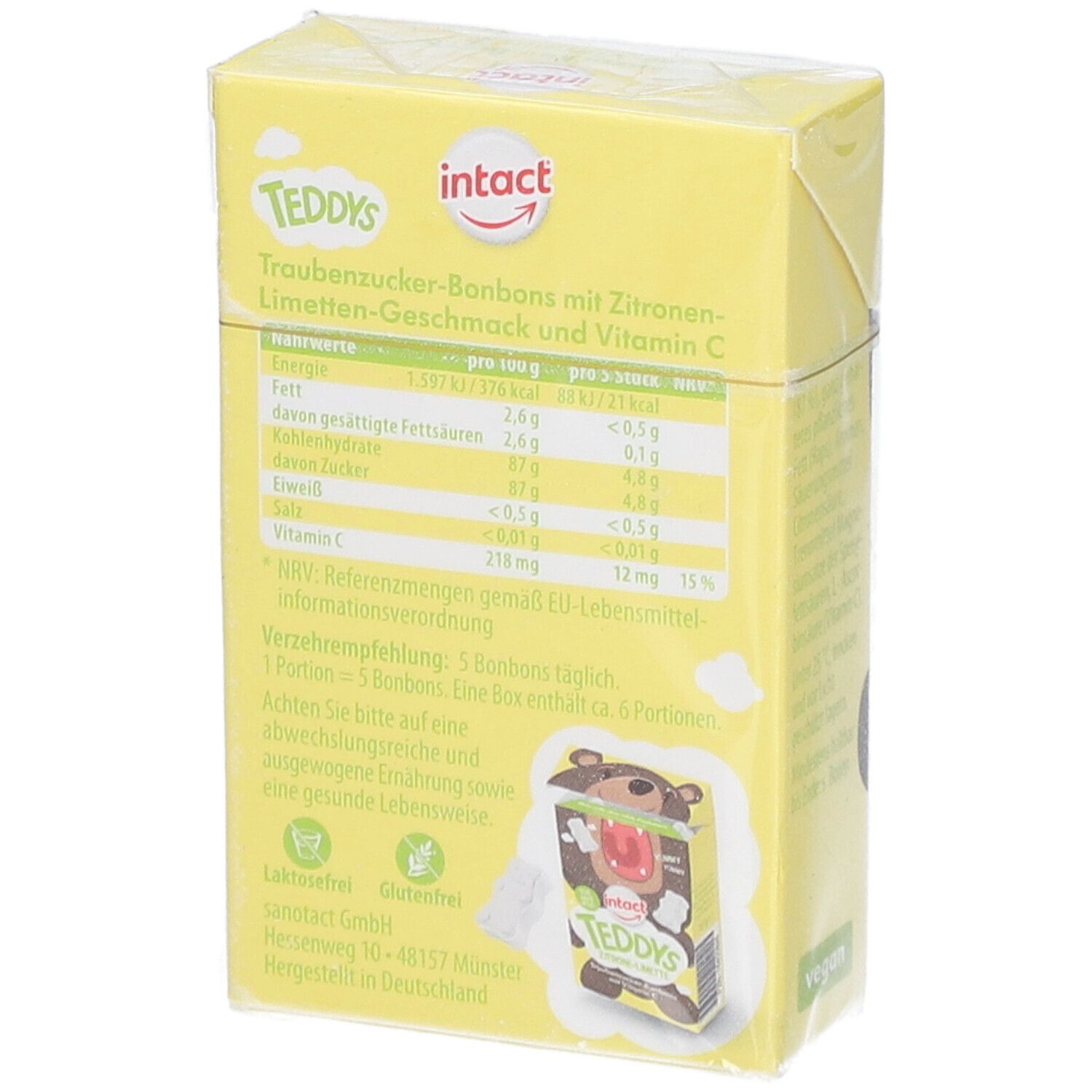 Rückseite der Teddys Zitrone-Limette Verpackung. Nährwertangaben, Illustration, vegan-Siegel.