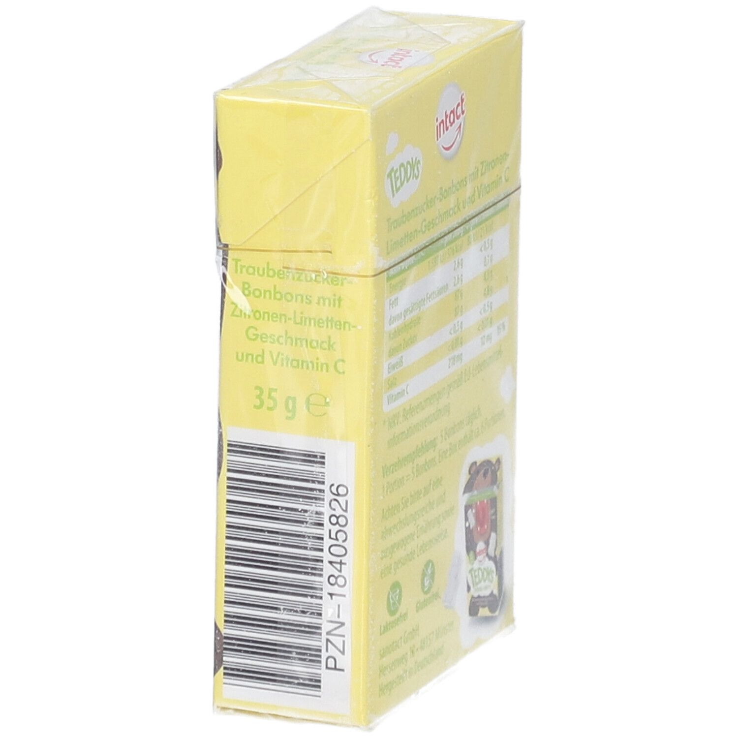 Teddys Zitrone-Limette Verpackung. Seitenansicht mit Nährwertangaben und Barcode. 35 g.