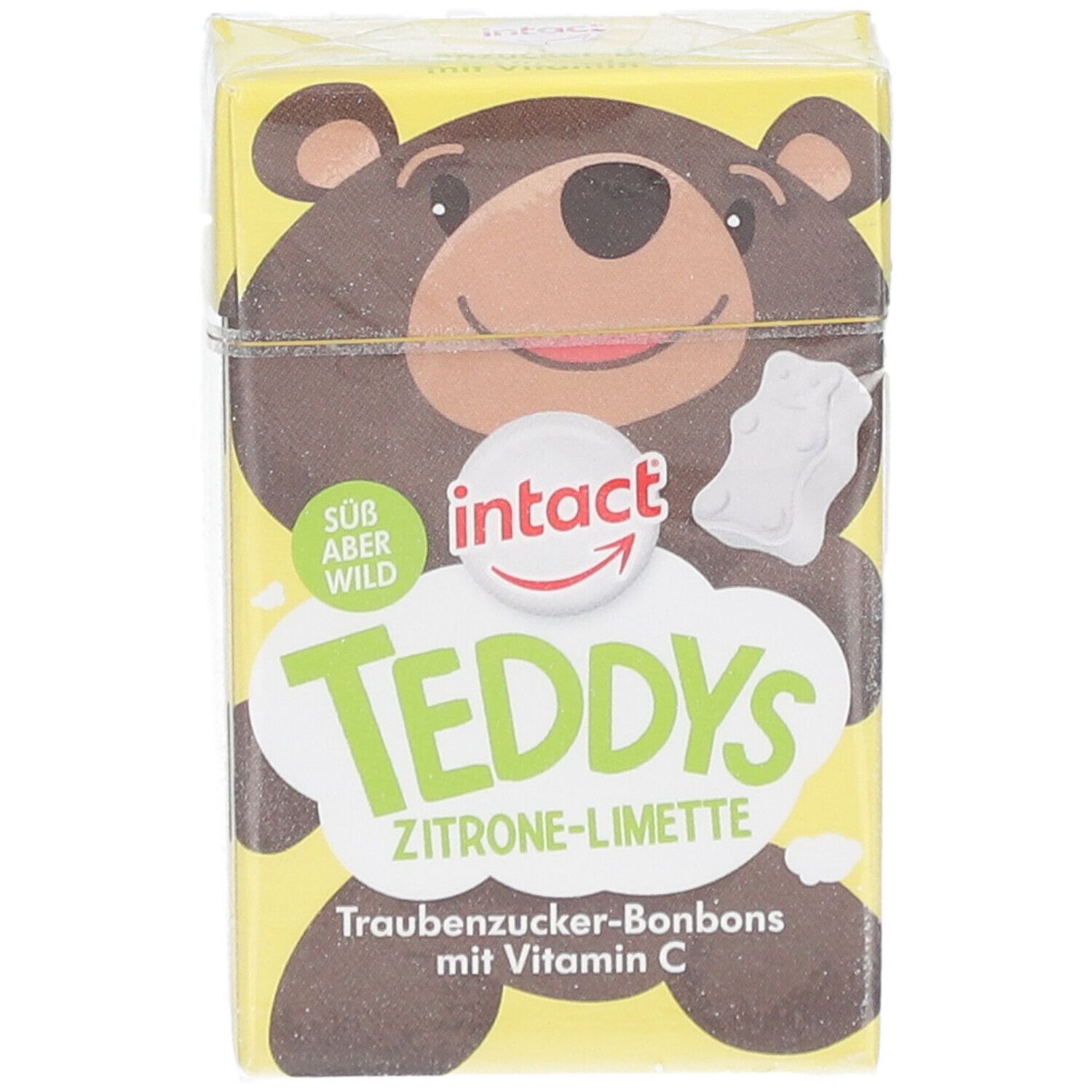 Vorderseite der Teddys Zitrone-Limette Verpackung. Bär-Illustration, Produktname, gelber Hintergrund.
