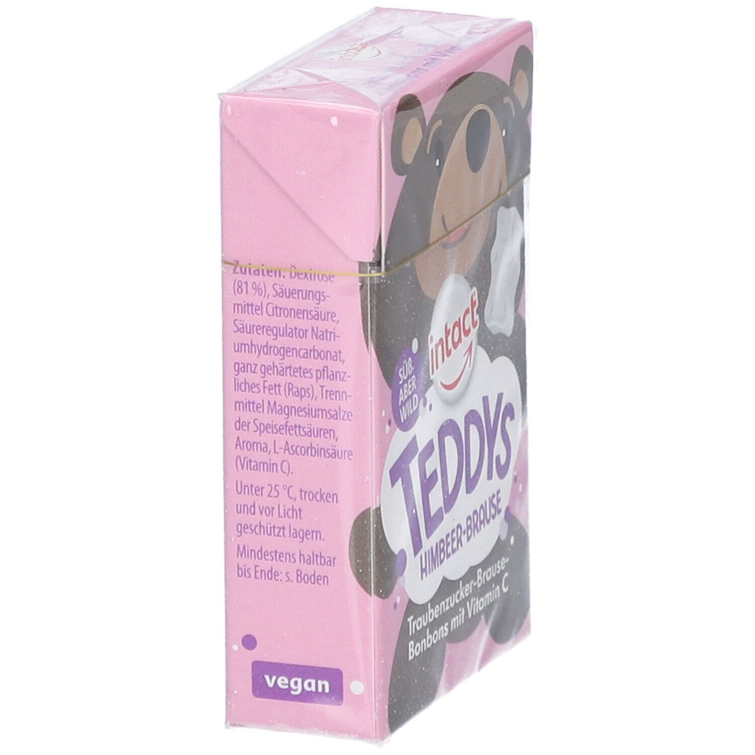 Rosa Verpackung, Seitenansicht. Teddy-Bär-Illustration. Text: Teddys Himbeer-Brause. Zutatenliste, vegan-Logo. Marke: intact.