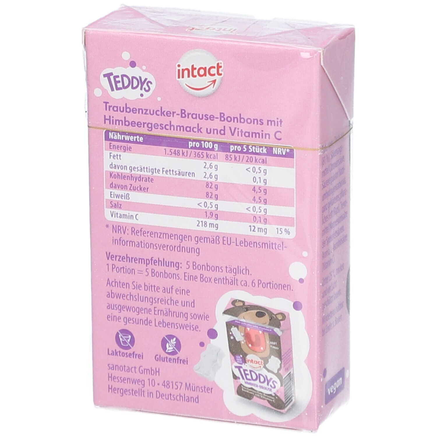 Rückseite der rosa Verpackung. Text: Teddys Himbeer-Brause, Nährwerttabelle, Verzehrempfehlung, laktosefrei, glutenfrei, vegan.