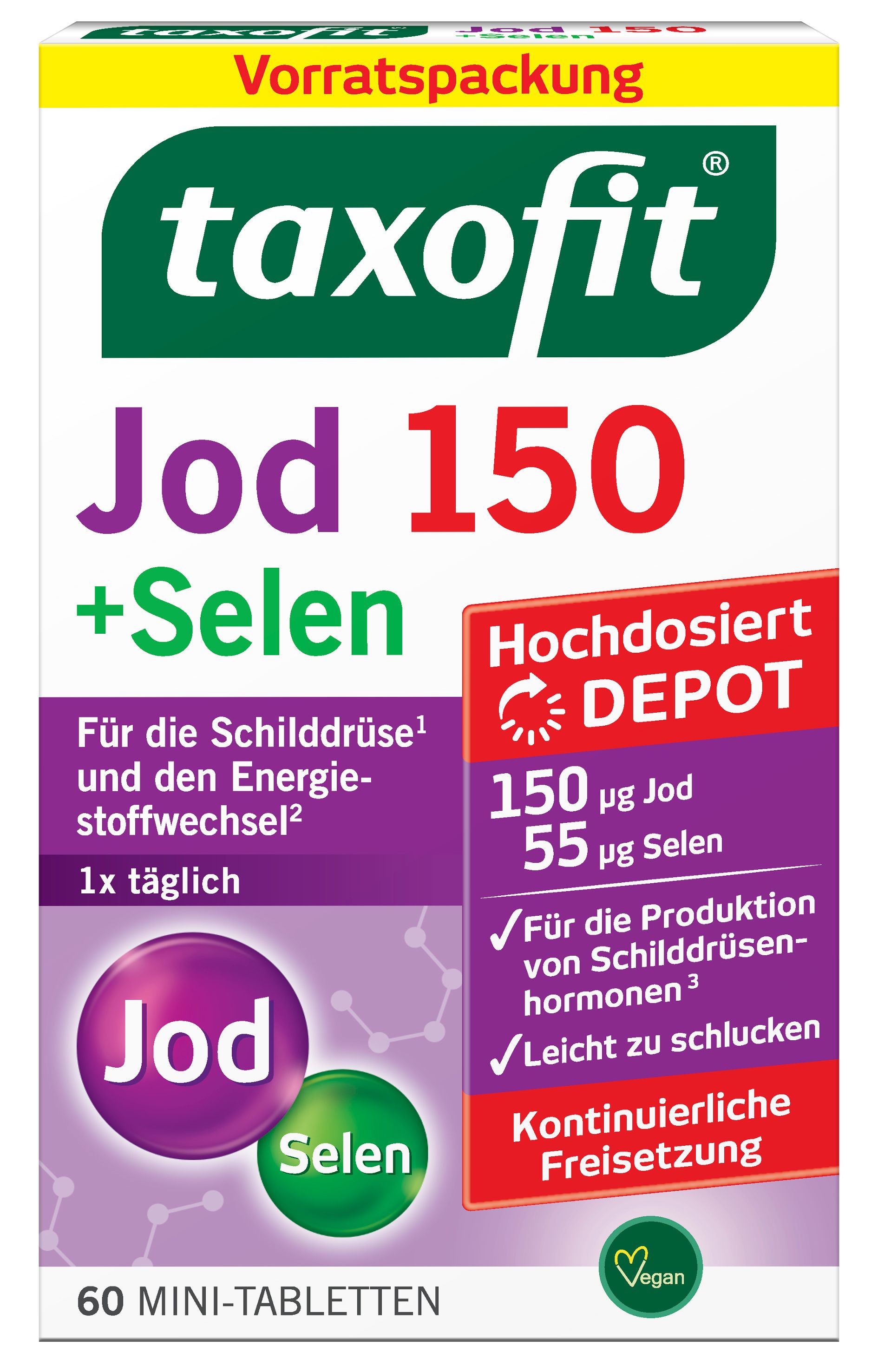 Packung taxofit® Jod 150 + Selen. Enthält 60 Mini-Tabletten. Hochdosiert. Für Schilddrüse und Energiestoffwechsel. Vegan.