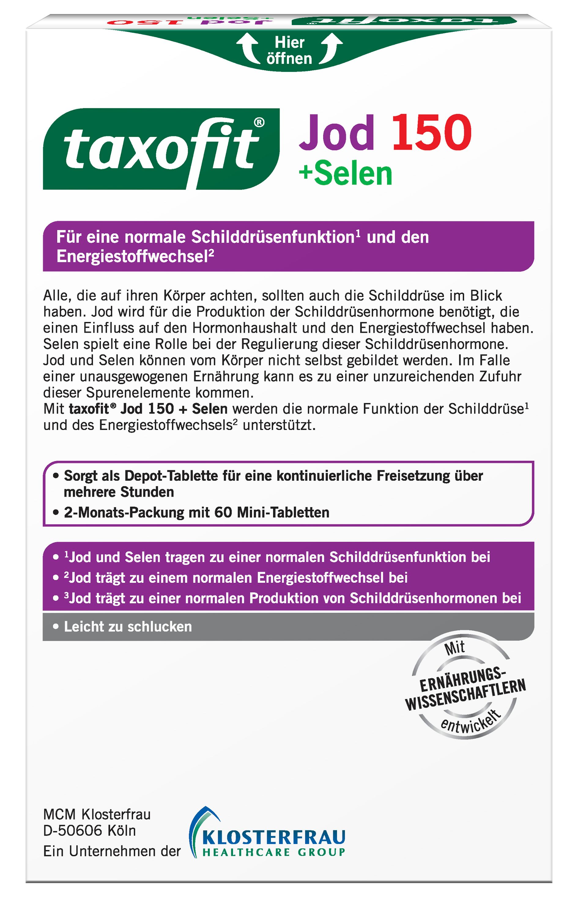Rückseite der Packung taxofit® Jod 150 + Selen. Informationen zur Schilddrüsenfunktion und Energiestoffwechsel.