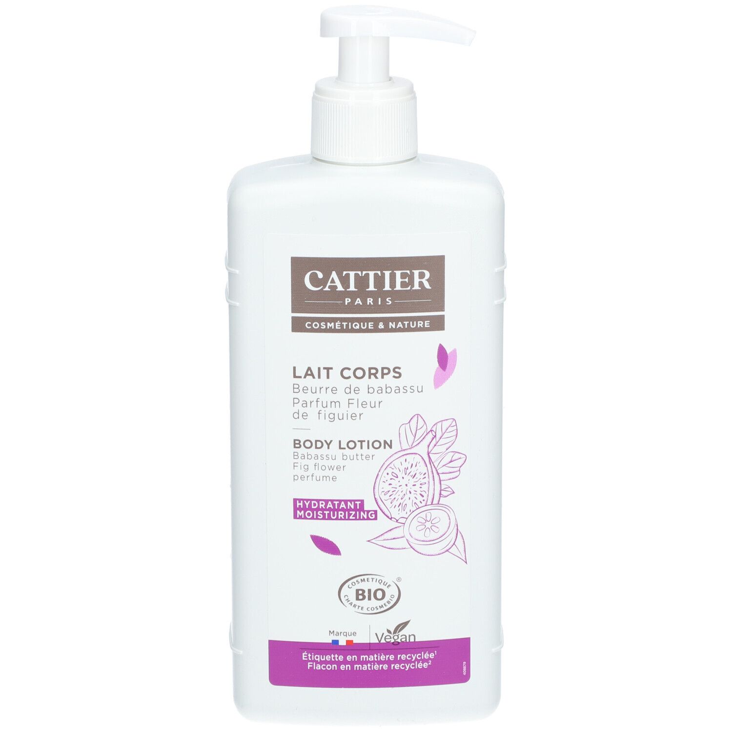 Weiße Flasche mit Pumpe. Aufschrift: Cattier Paris, Lait Corps, Body Lotion. Abbildung einer Feige. Bio-Siegel.