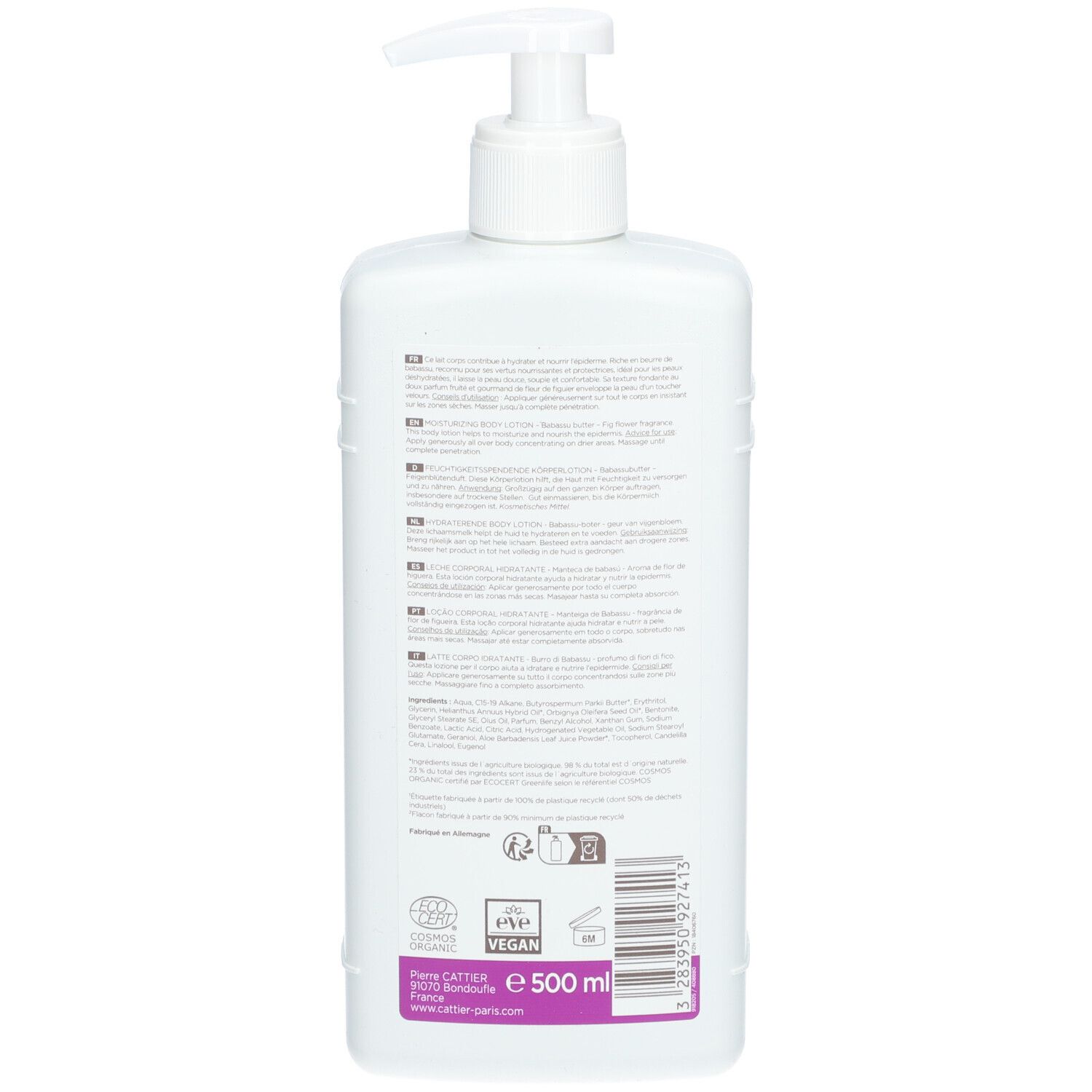 Rückseite einer weißen Flasche mit Pumpe. Text in mehreren Sprachen. Bio-Siegel, Vegan-Siegel. Volumen: 500 ml.