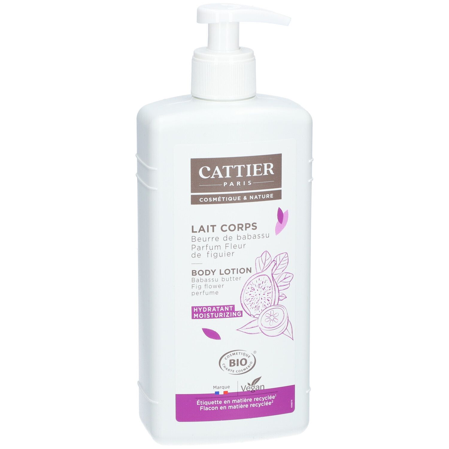 Weiße Flasche mit Pumpe. Aufschrift: Cattier Paris, Lait Corps, Body Lotion. Abbildung einer Feige. Bio-Siegel.