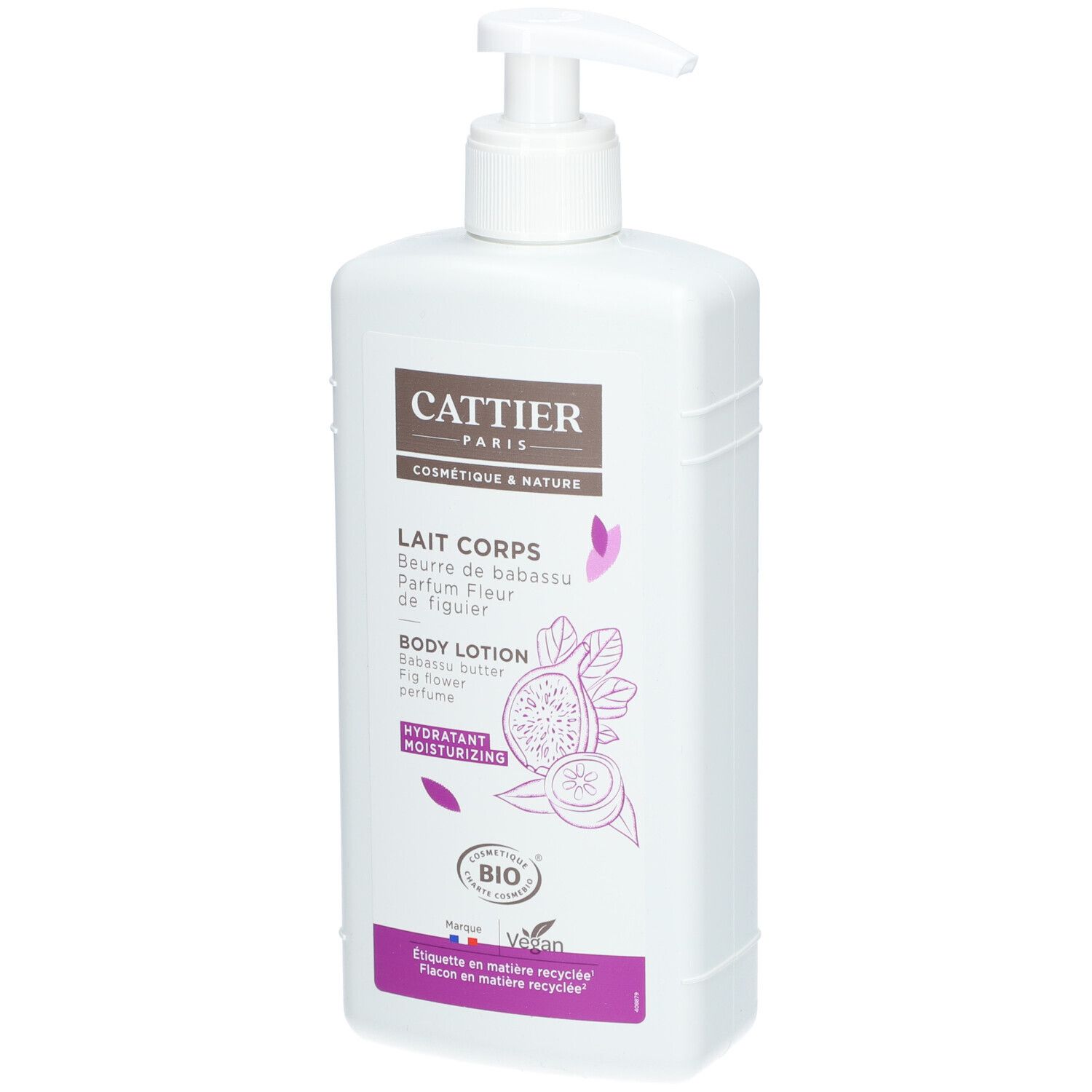 Weiße Flasche mit Pumpe. Aufschrift: Cattier Paris, Lait Corps, Body Lotion. Abbildung einer Feige. Bio-Siegel.