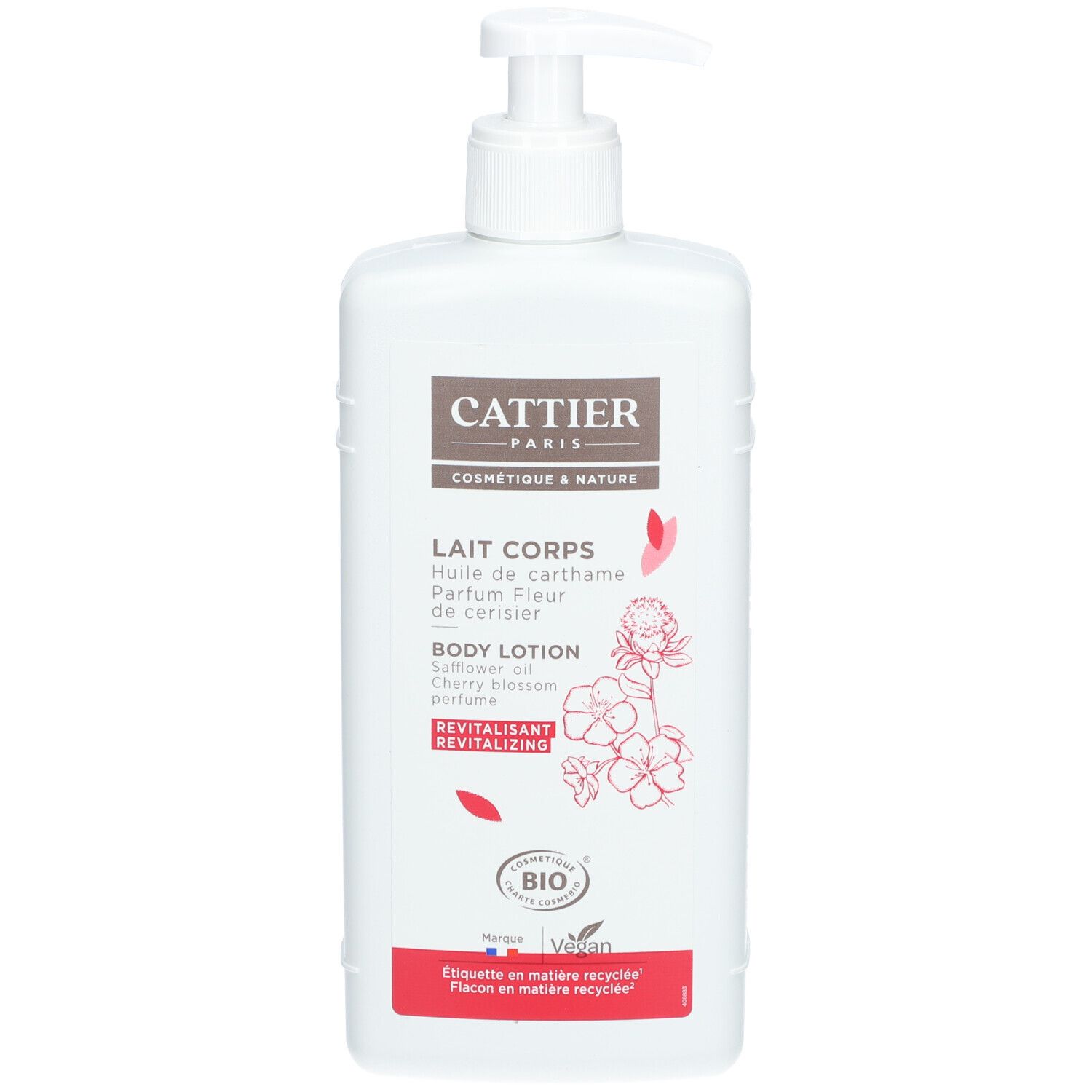 Weiße Flasche mit Pumpe. Aufschrift: Cattier Paris, Lait Corps, Body Lotion. Mit Bio-Siegel und Vegan-Logo.