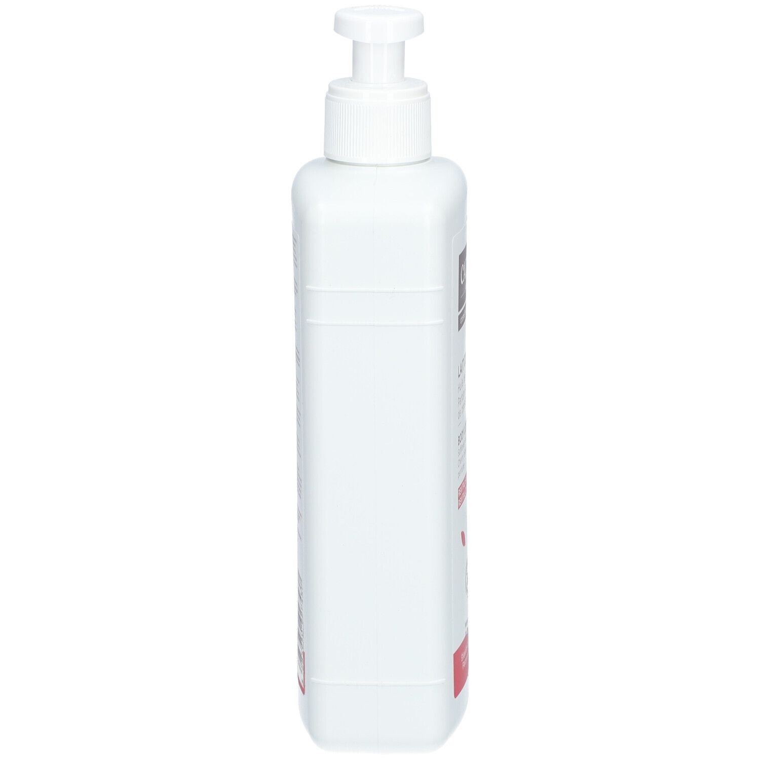 Weiße, rechteckige Flasche mit Pumpe. Seitenansicht. Keine weiteren Details sichtbar.