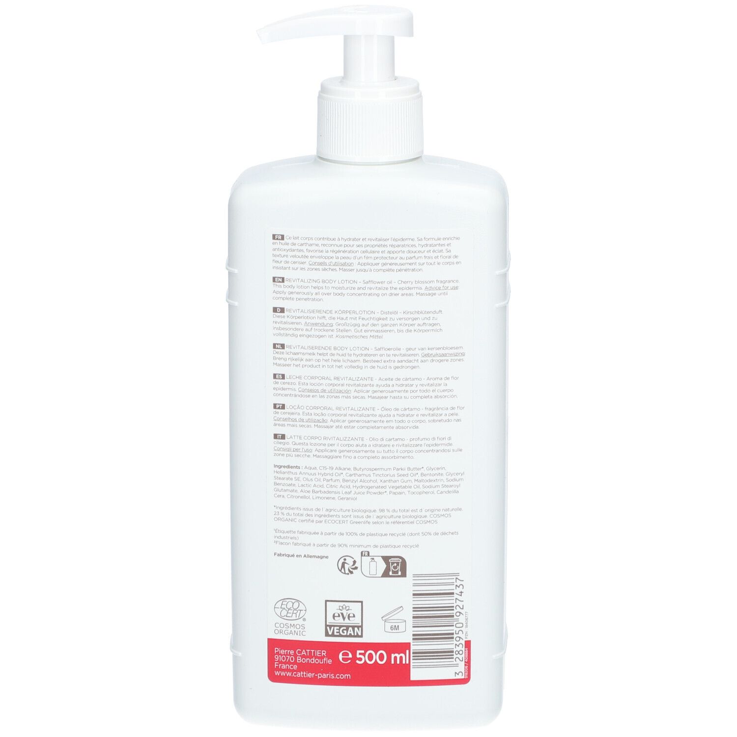 Rückseite der weißen Flasche. Text in mehreren Sprachen. Bio-Siegel und Vegan-Logo. Barcode und Volumenangabe.