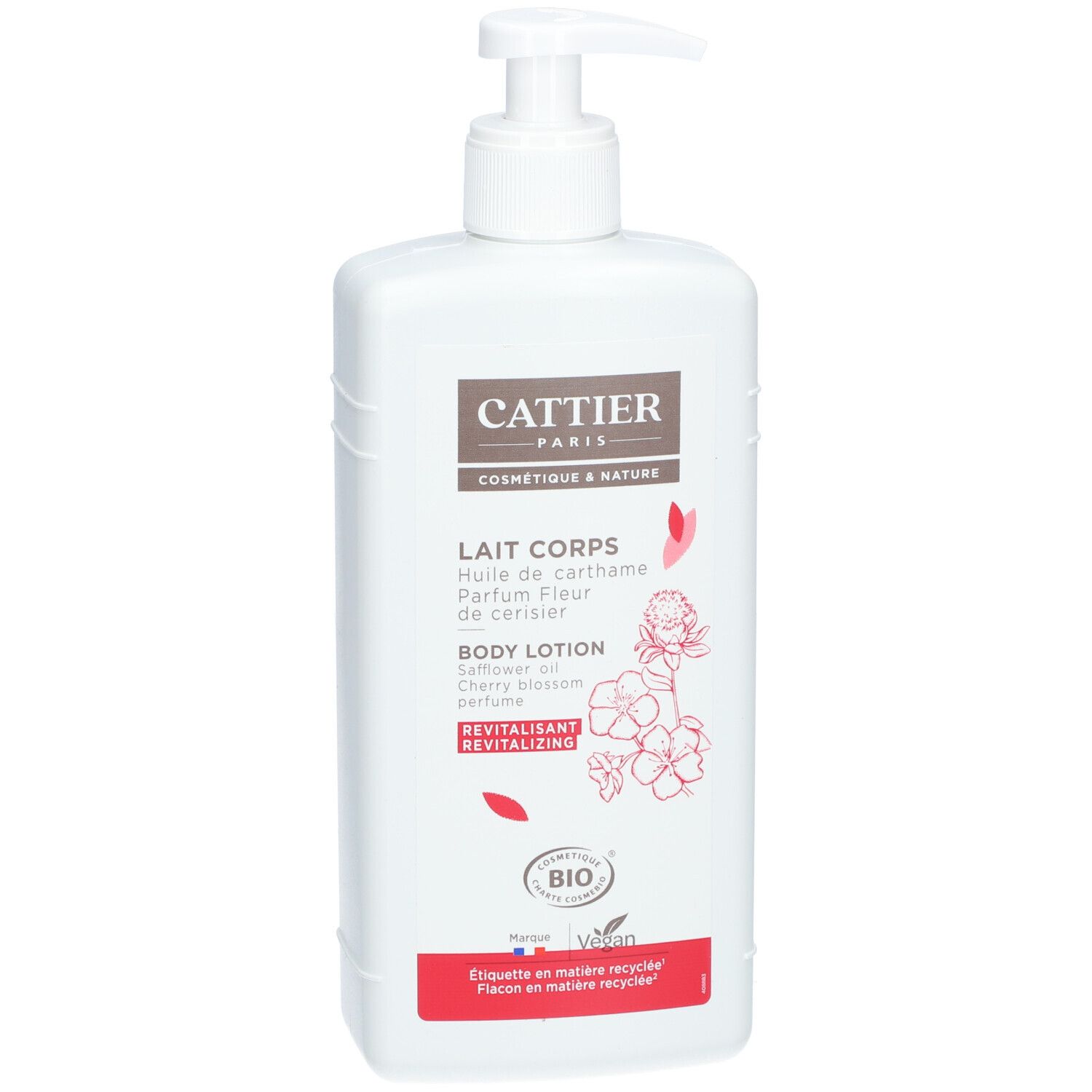 Weiße Flasche mit Pumpe. Aufschrift: Cattier Paris, Lait Corps, Body Lotion. Mit Bio-Siegel und Vegan-Logo.