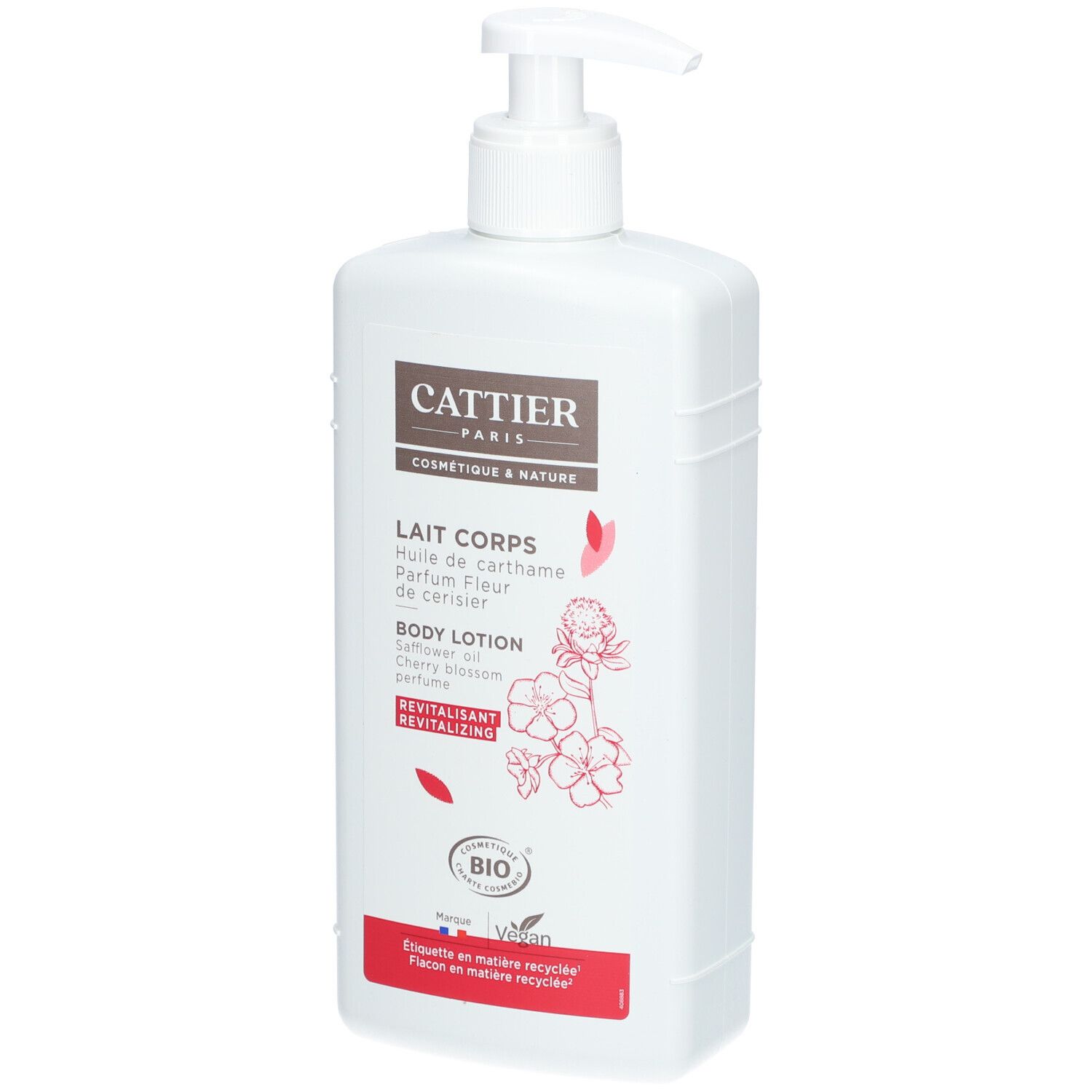 Weiße Flasche mit Pumpe. Aufschrift: Cattier Paris, Lait Corps, Body Lotion. Mit Bio-Siegel und Vegan-Logo.
