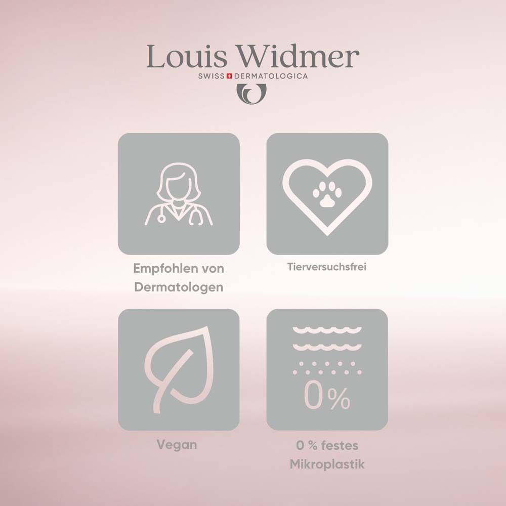 Logo Louis Widmer. Symbole: Dermatologen empfohlen, tierversuchsfrei, vegan, 0% Mikroplastik.