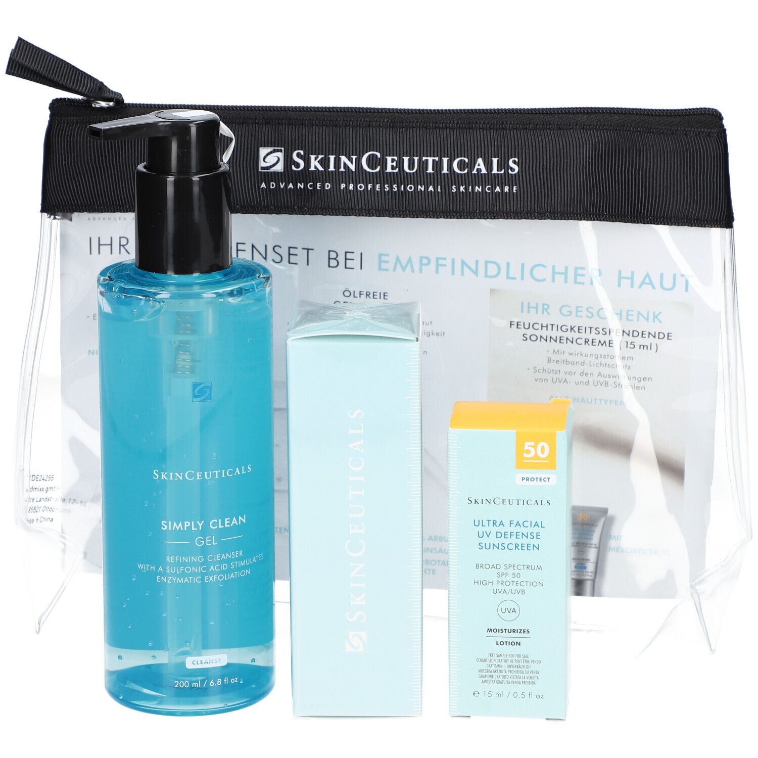 Set mit transparentem Beutel, blauem Gel, einer Schachtel und einer Sonnencreme. Aufschrift: SkinCeuticals.