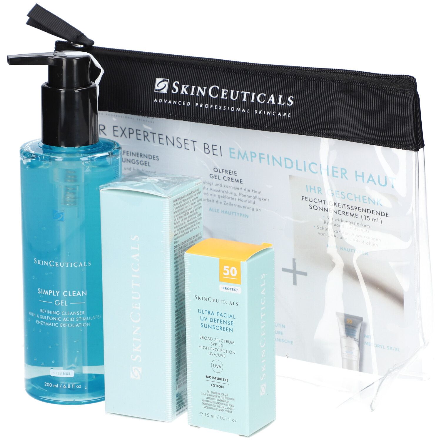 Set mit blauem Gel, Schachtel und Sonnencreme in einer transparenten Tasche. Aufschrift: SkinCeuticals.
