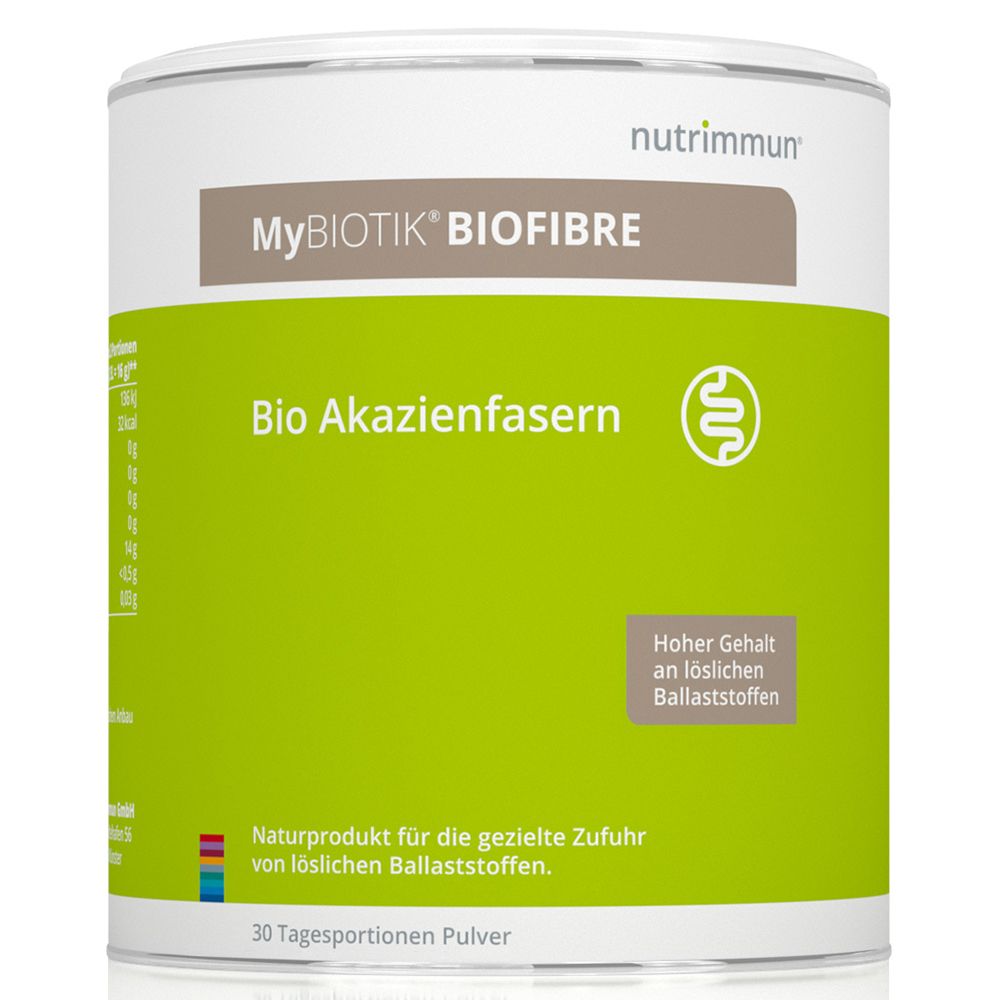 Zylinderdose mit MyBIOTIK® BIOFIBRE. Grün-weißes Design. Enthält Bio-Akazienfasern. 30 Tagesportionen.