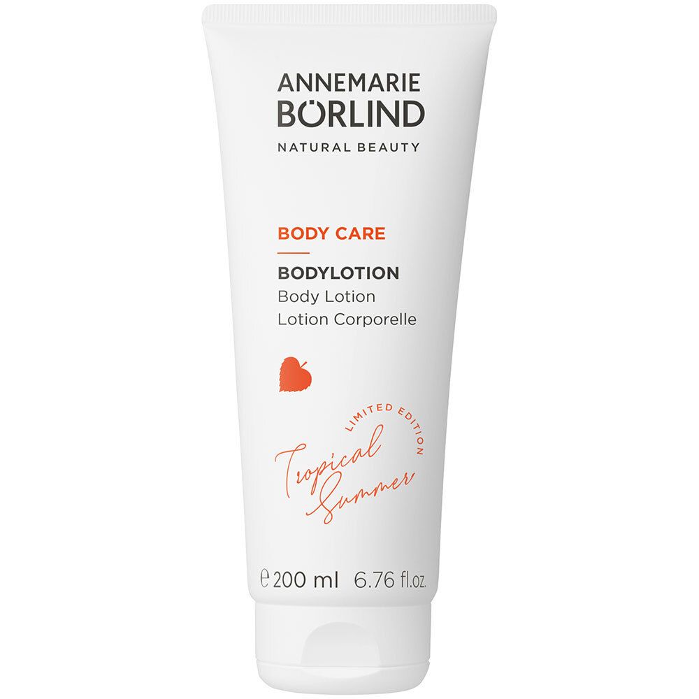 Weiße Tube mit "ANNEMARIE BÖRLIND"-Logo, "BODY CARE BODYLOTION" und "Tropical Summer" Schriftzug. 200 ml.