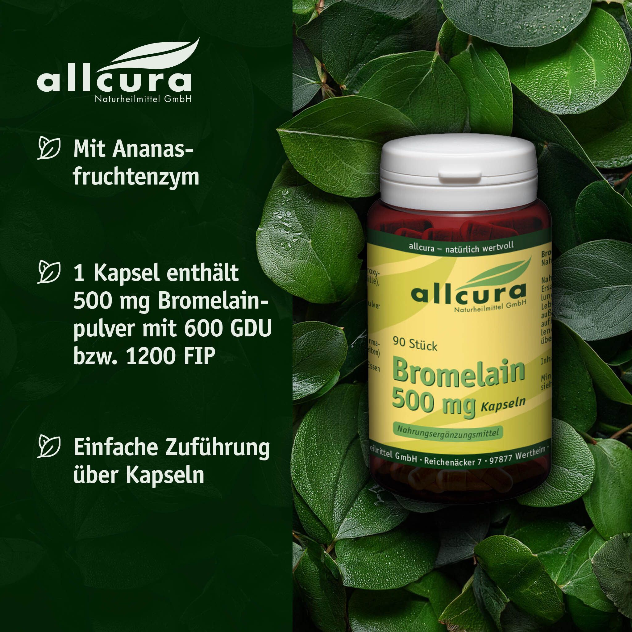 Braune Flasche mit weißem Deckel, umgeben von Blättern. Aufschrift: allcura Bromelain 500 mg Kapseln. 90 Stück.