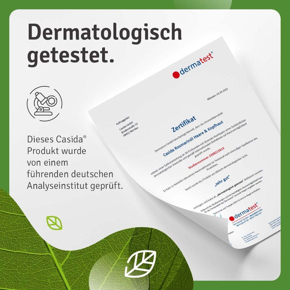 Zertifikat von Dermatest. Produkt wurde von deutschem Analyseinstitut geprüft. Zertifikat für Casida Rosmarinöl Haare & Kopfhaut.