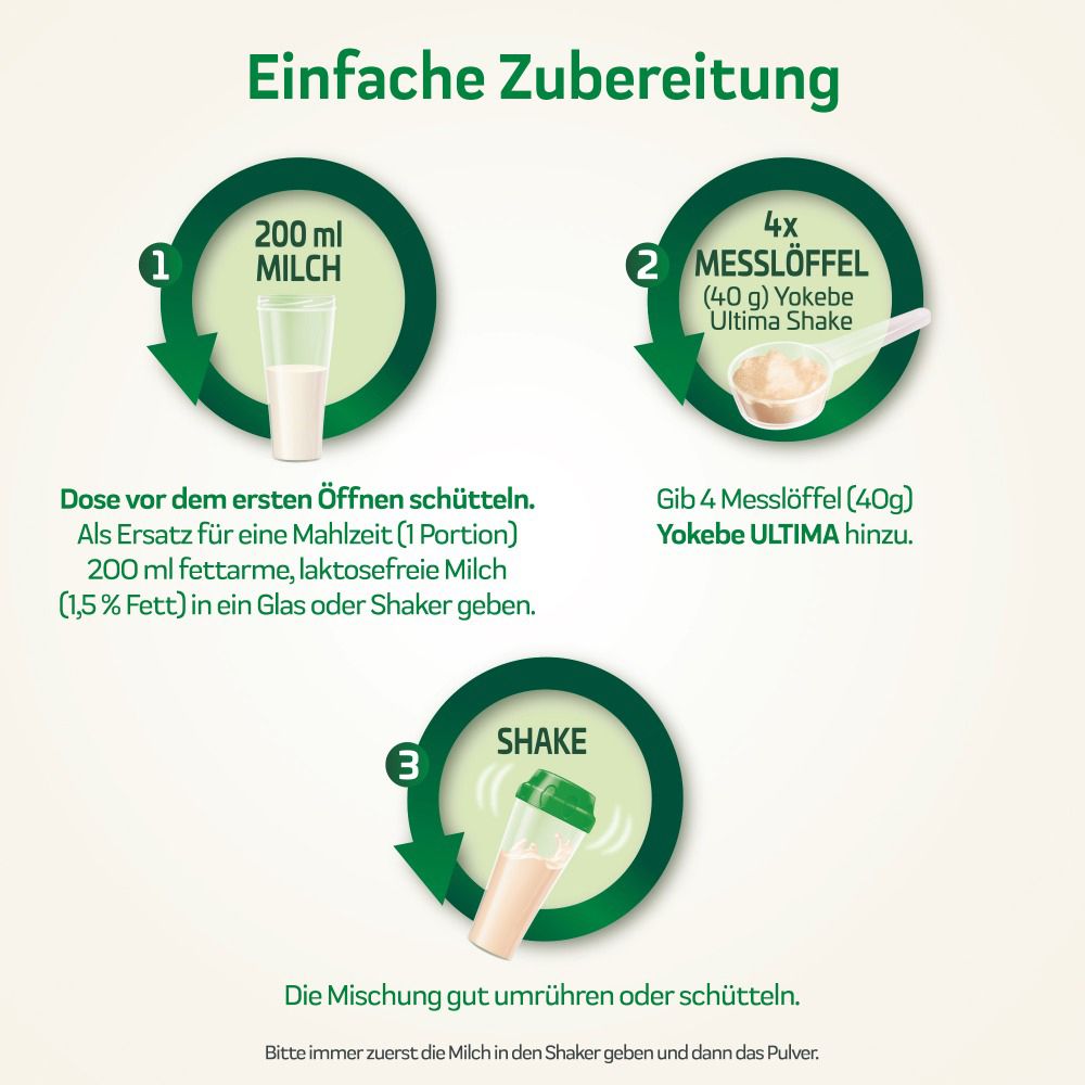 Schritte zur Zubereitung: Milch in Shaker, 4 Messlöffel ULTIMA, schütteln. Text: Einfache Zubereitung.