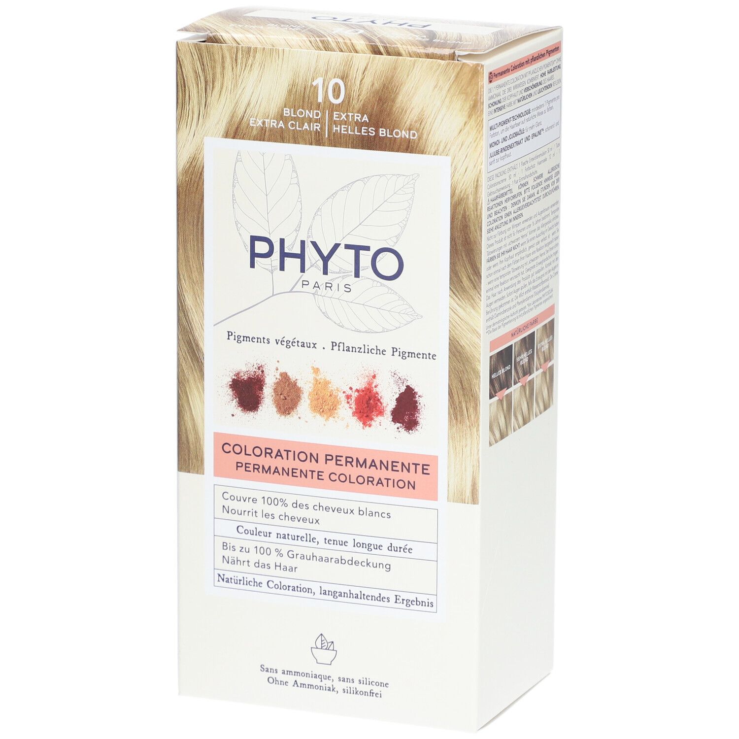 Verpackung mit Aufschrift PHYTO PARIS, 10 Blond Extra Clair. Enthält permanente Coloration. Zeigt Farbbeispiele und Produktmerkmale.