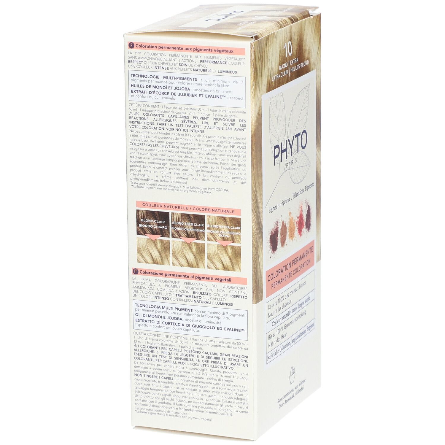 Verpackung PHYTO PARIS, 10 Blond Extra Clair. Rückseite mit Produktinformationen und Farbbeispielen. Permanente Coloration.