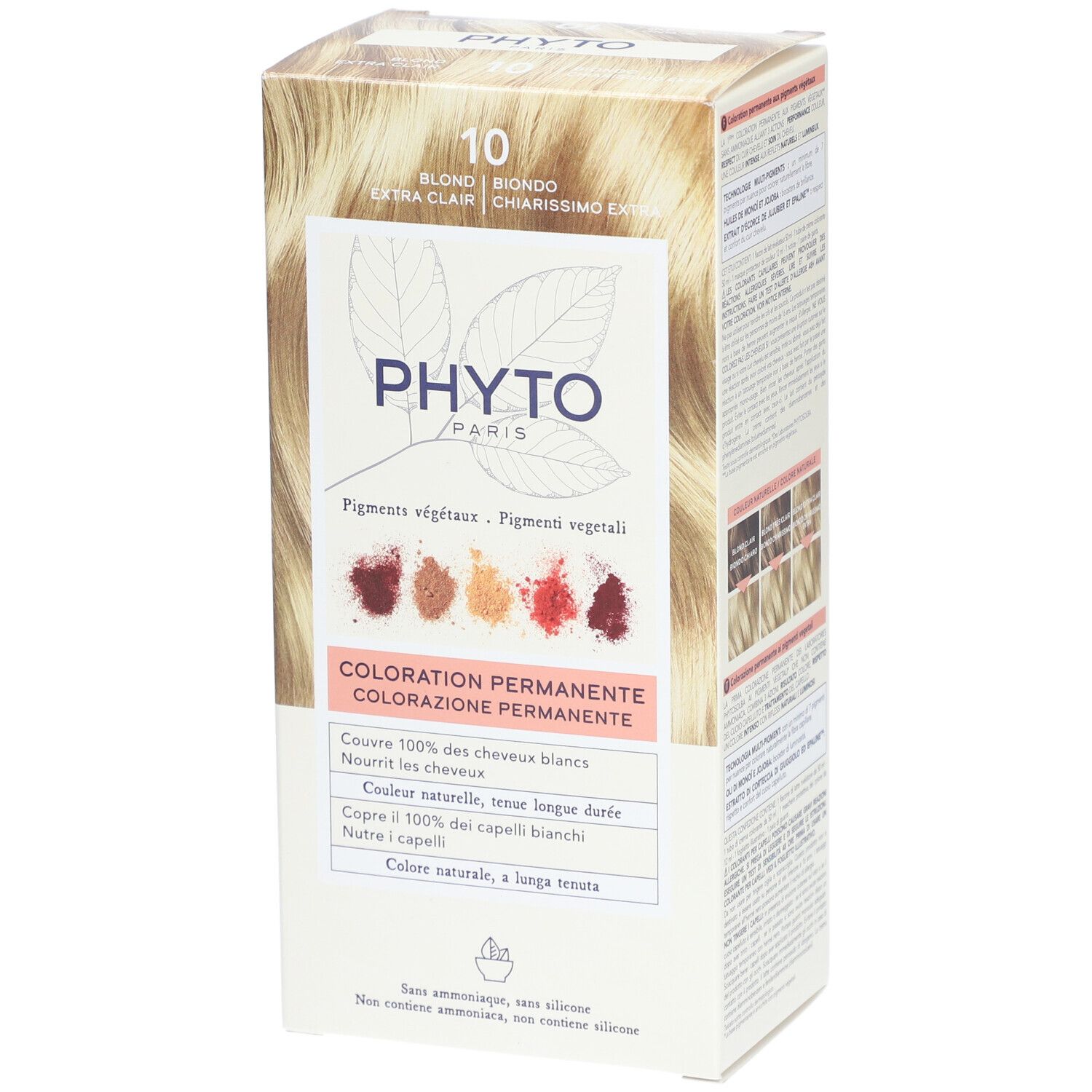 Verpackung PHYTO PARIS, 10 Biondo Extra Chiaro. Permanente Coloration. Zeigt Farbbeispiele und Produktmerkmale.