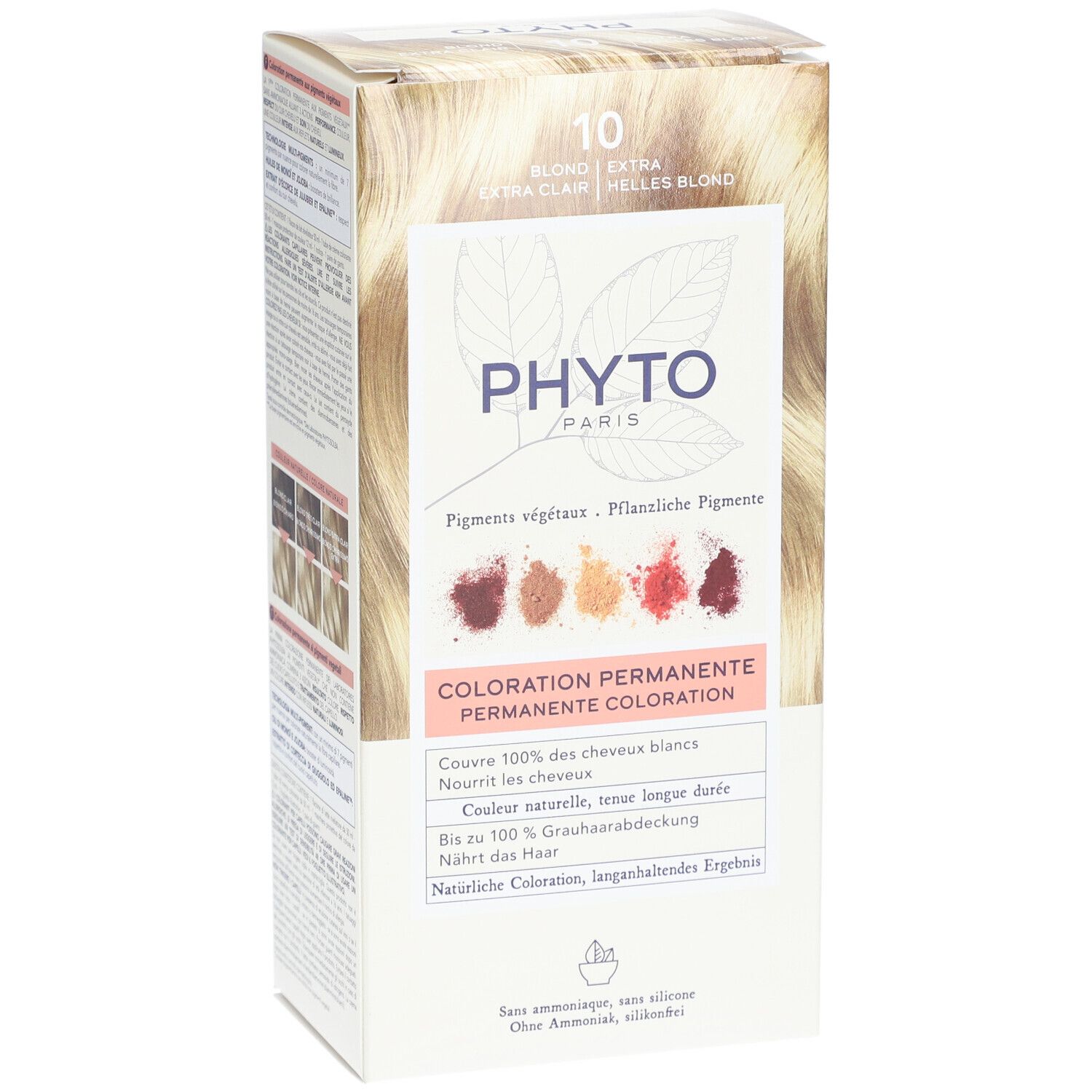Verpackung PHYTO PARIS, 10 Blond Extra Clair. Permanente Coloration. Zeigt Farbbeispiele und Produktmerkmale.