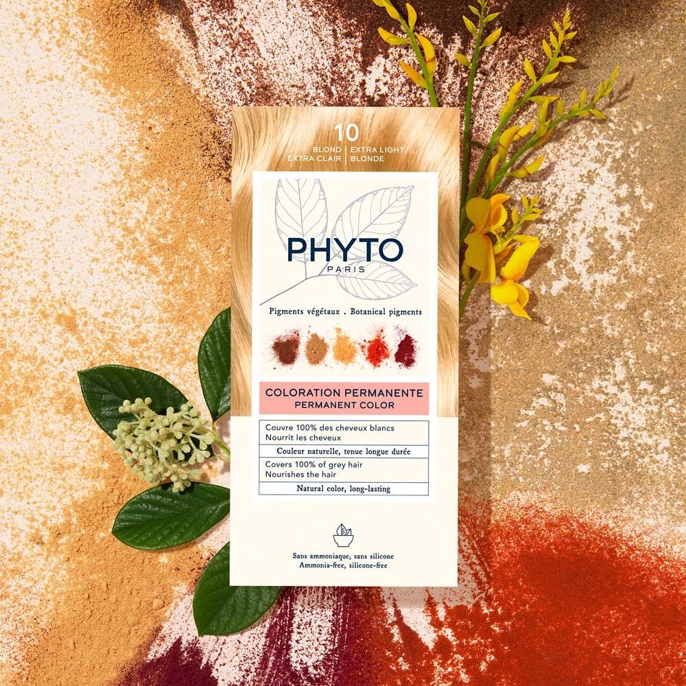PHYTO PARIS Haarfarbe, Farbton 10, Extra Helles Blond. Verpackung mit floralen Elementen.