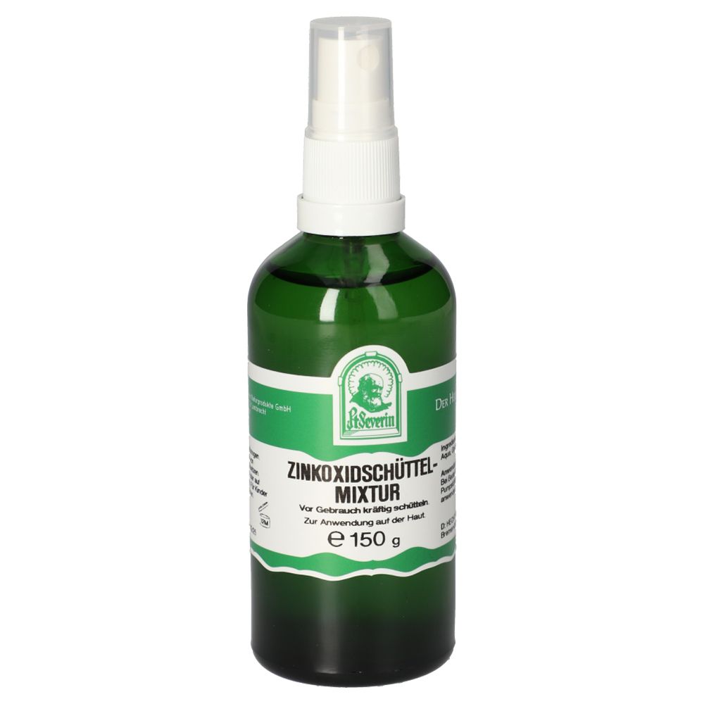 Grüne Flasche mit Sprühkopf. Beschriftung: Zinkoxidschüttelmixtur, e 150 g. Logo: St. Severin.